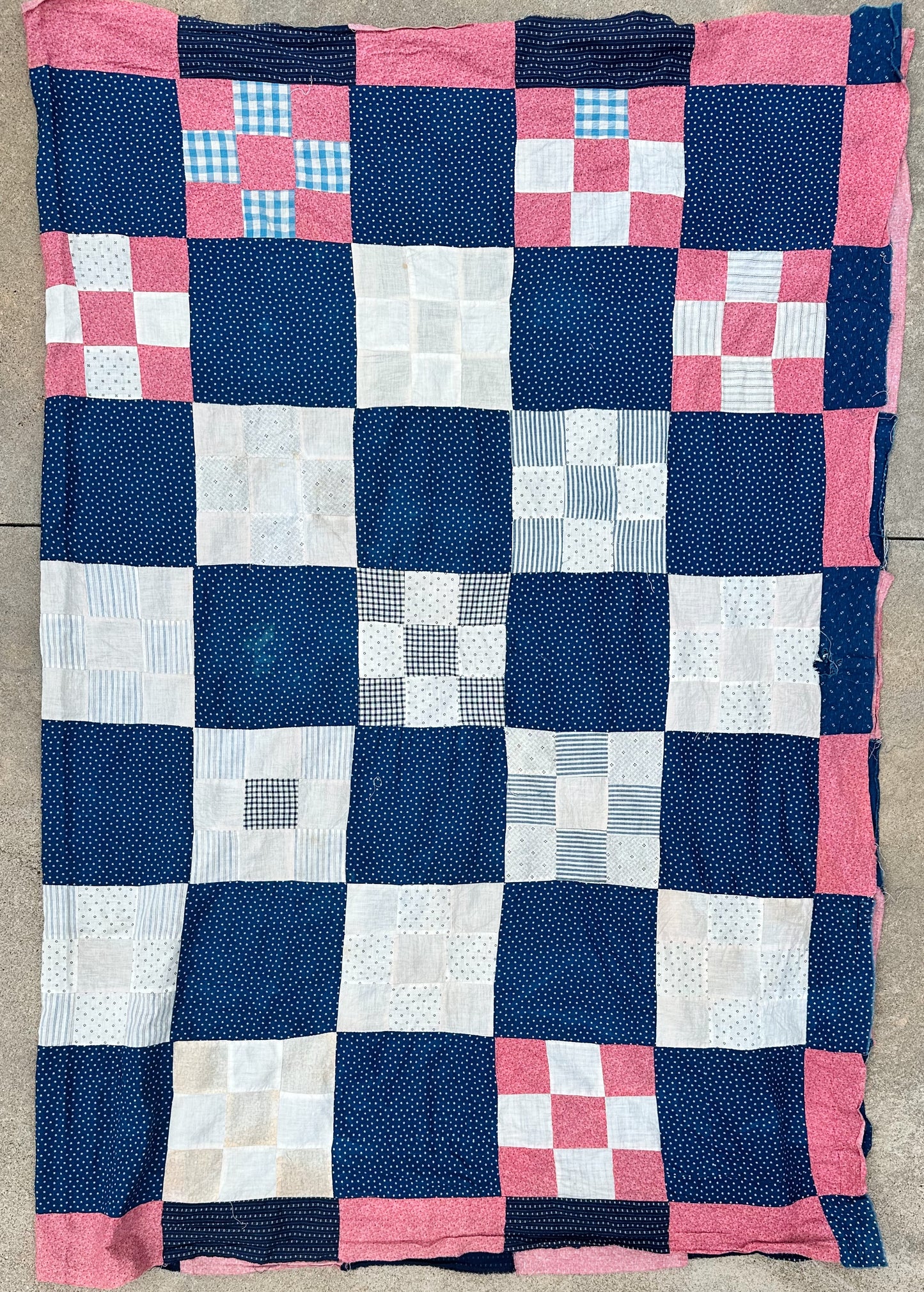 Vintage Nine Patch With Alternate Blocks Quilt Top