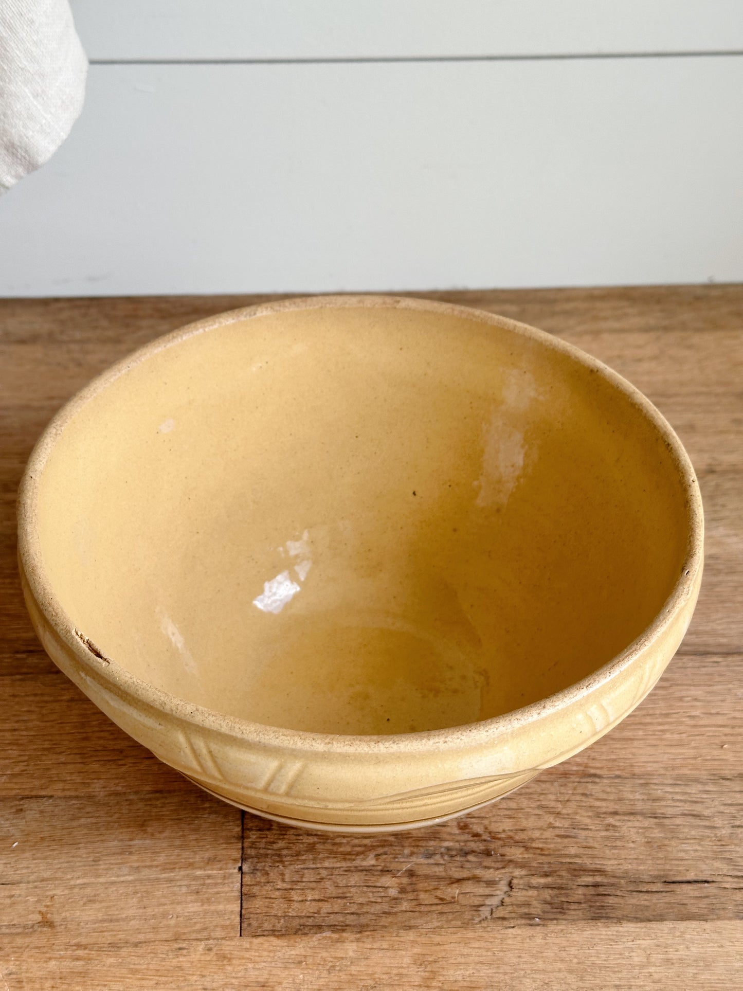 Vintage Golden Yellow Stoneware Bowl with White & Brown Stripes