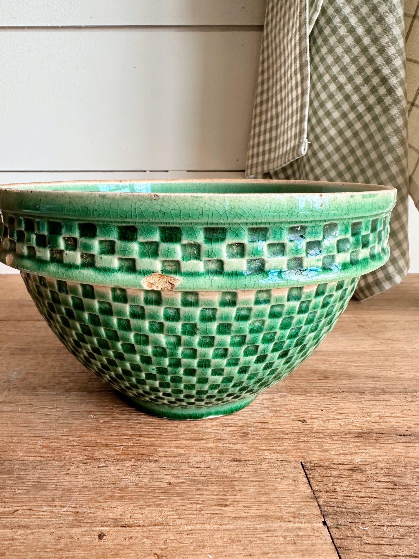 Vintage Green Checkerboard Stoneware Bowl