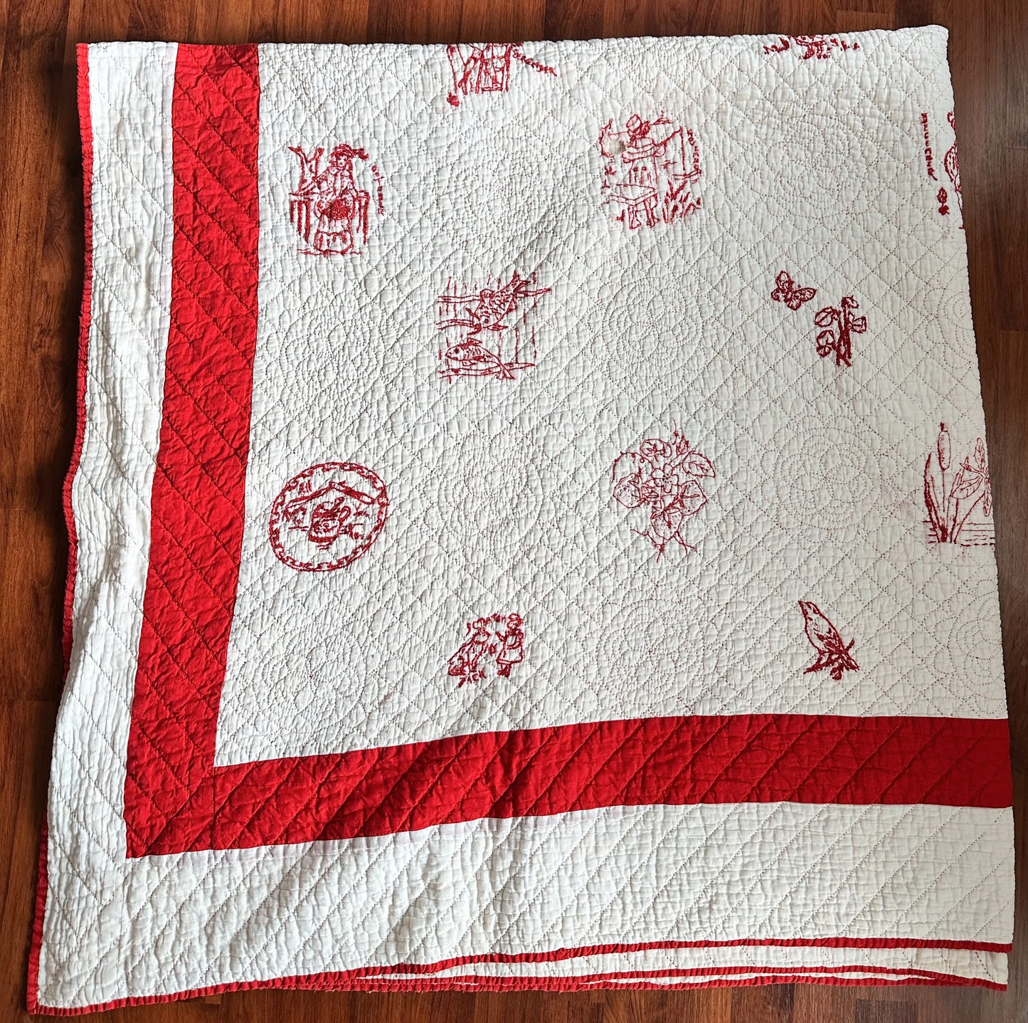 Antique Early 20th Century Redwork Embroidered Hand-Quilted Quilt