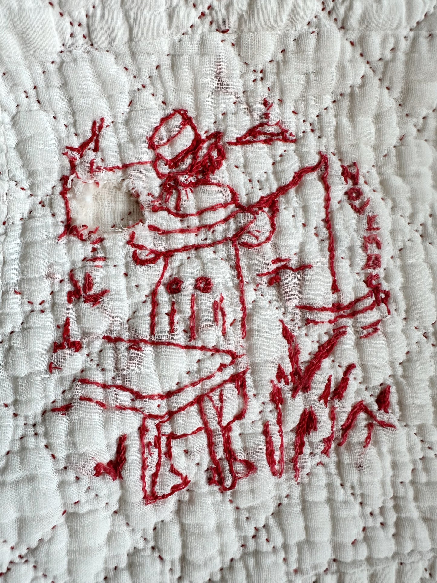 Antique Early 20th Century Redwork Embroidered Hand-Quilted Quilt