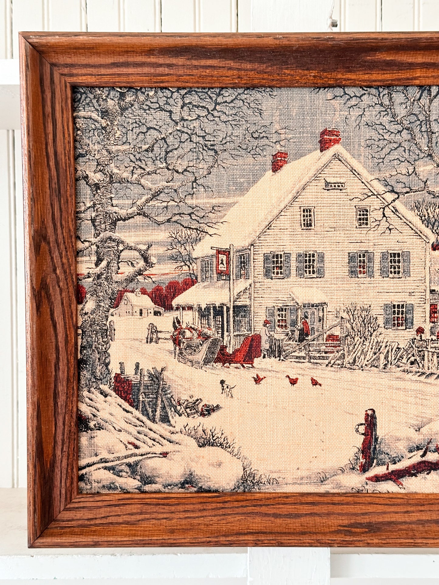 Vintage Framed Kay Dee Linen Wall Hanging, Winter Home