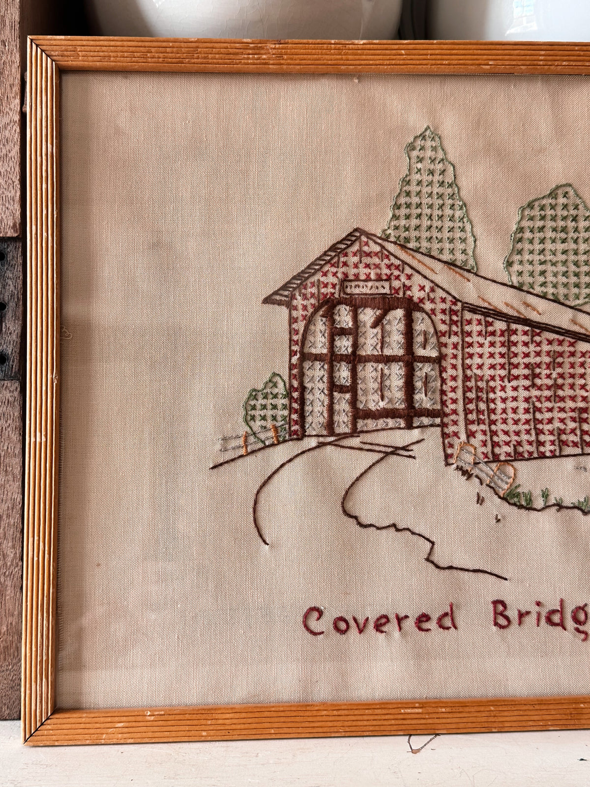 Vintage Covered Bridge Needle Work Wall Hanging