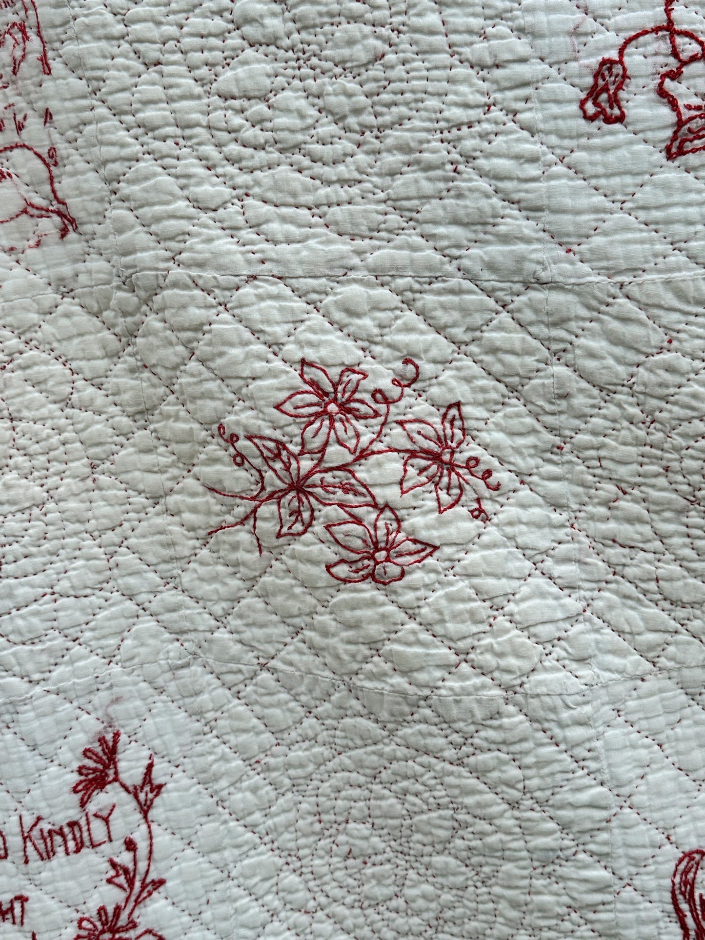 Antique Early 20th Century Redwork Embroidered Hand-Quilted Quilt