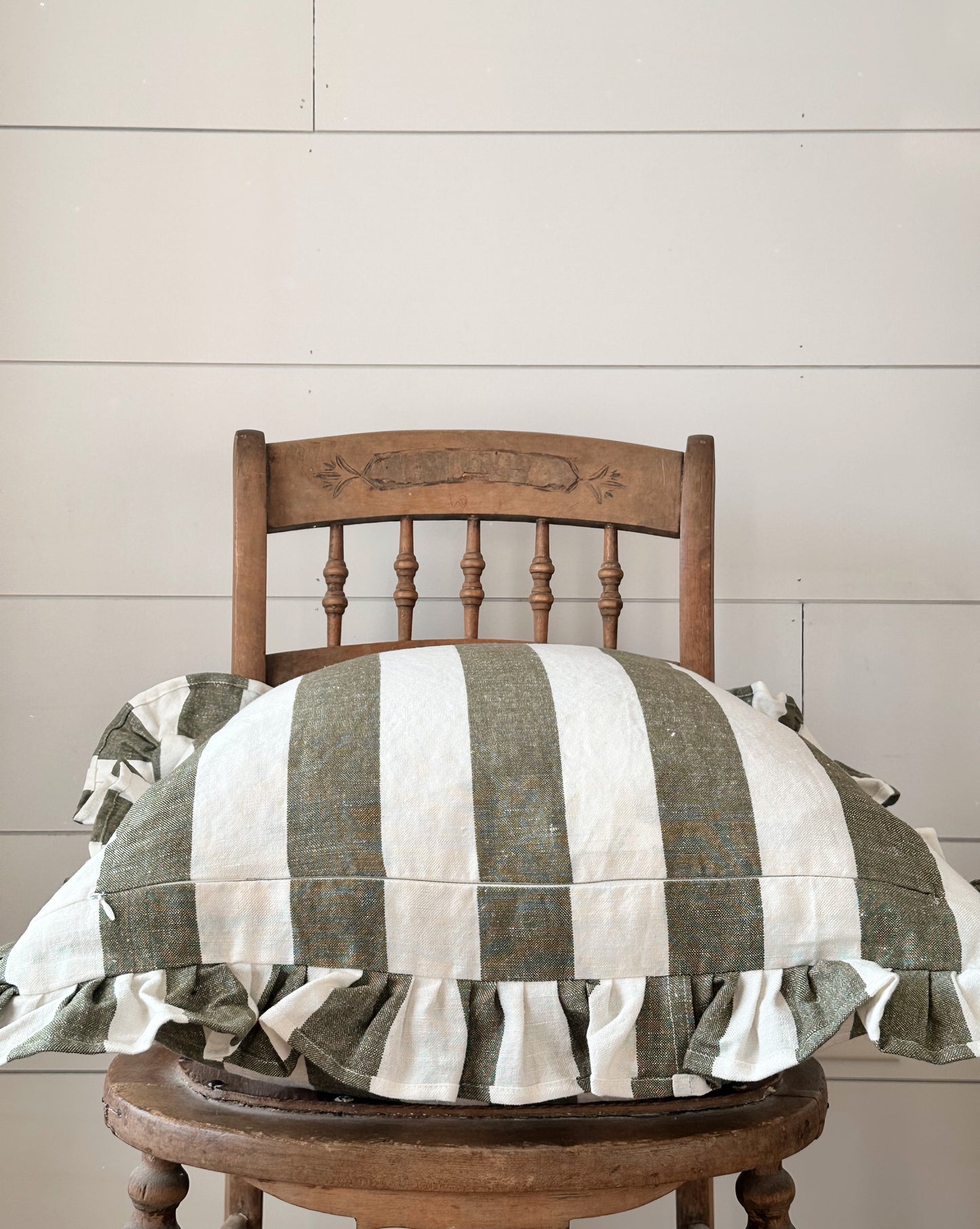 Ruffled Deep Moss Stripe Pillow Cover