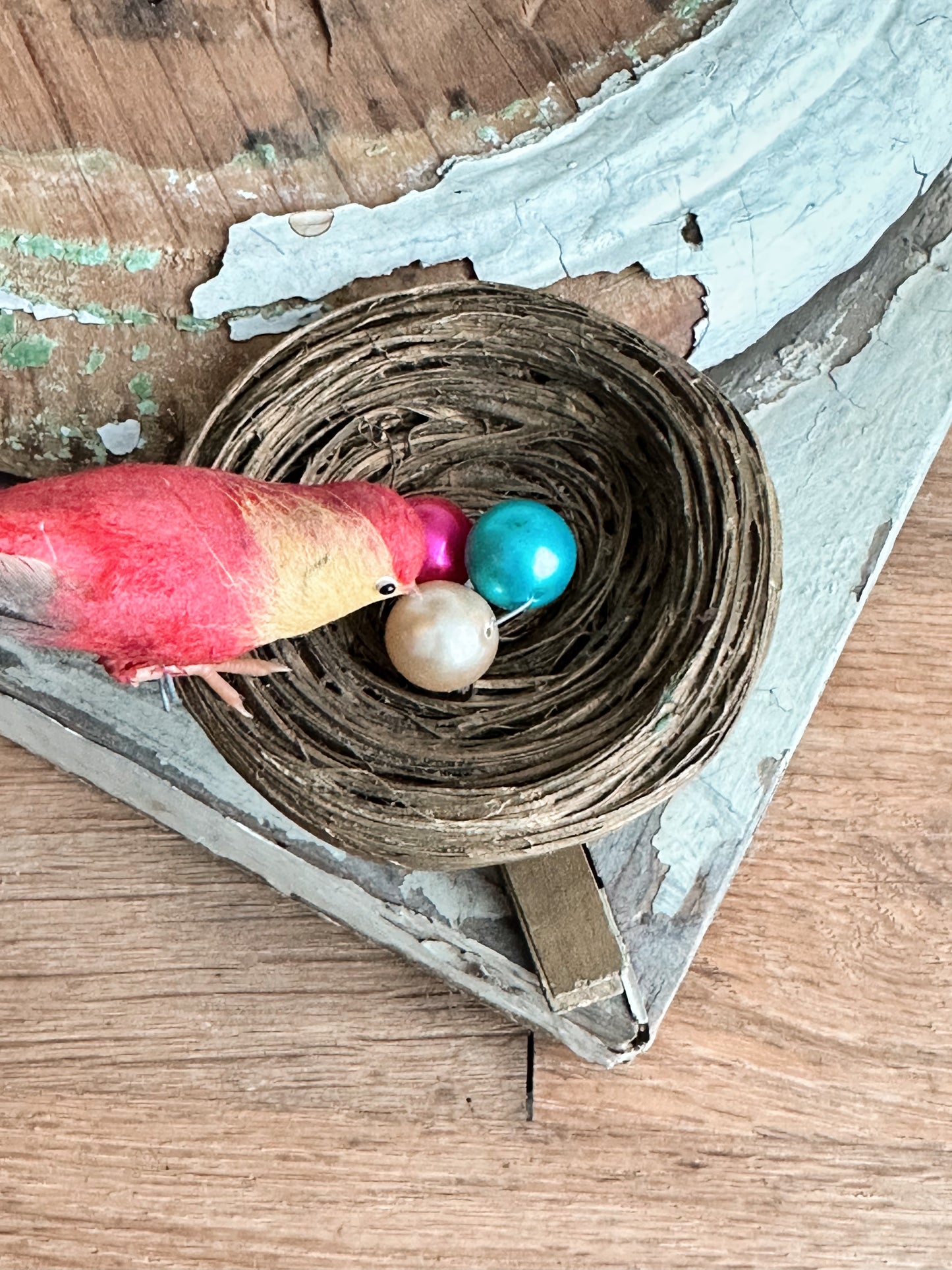 Rare Antique Spun Cotton Bird on a Nest Ornament