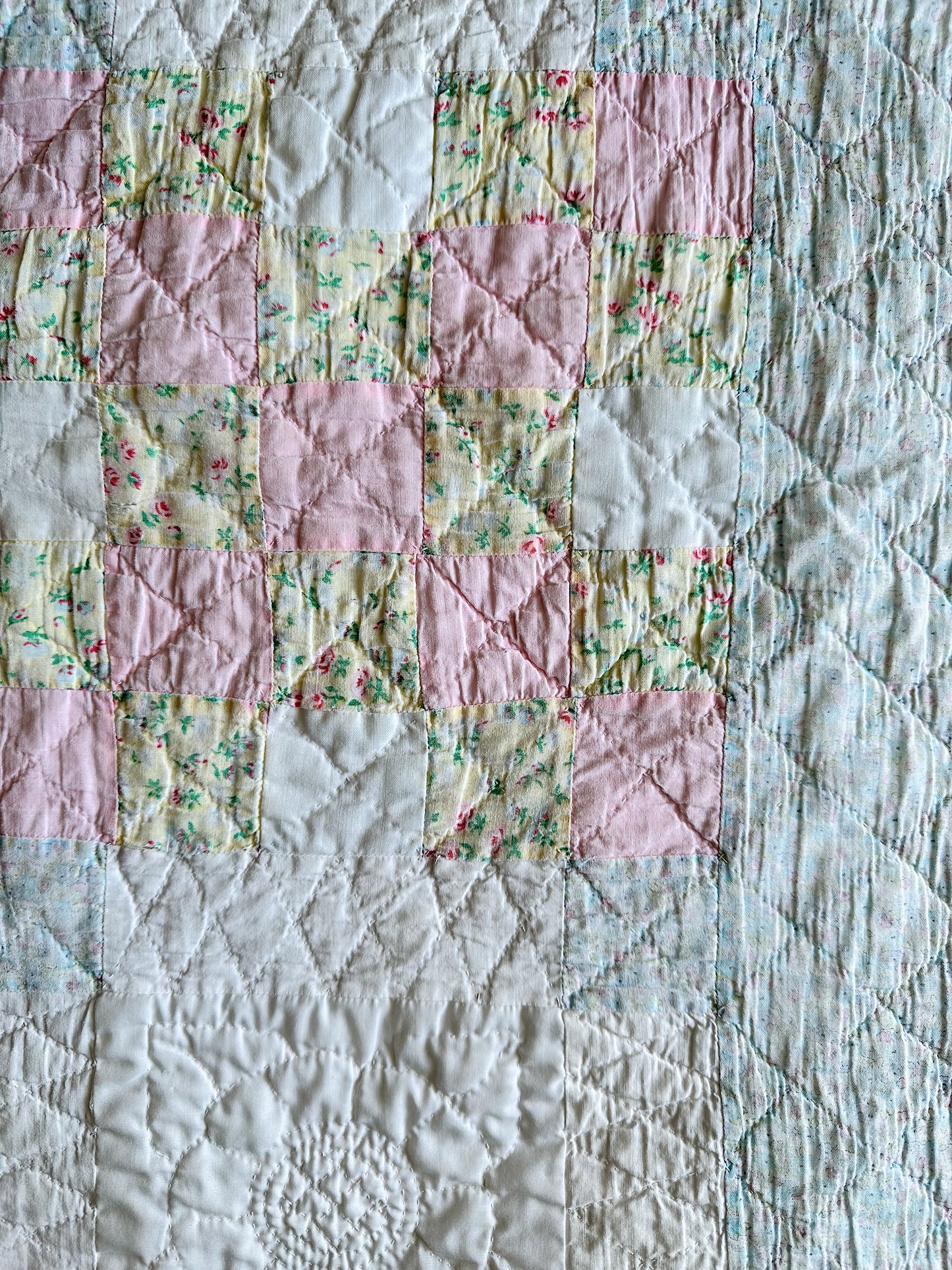 Vintage Hand Stitched Pastel Irish Chain Variation Quilt