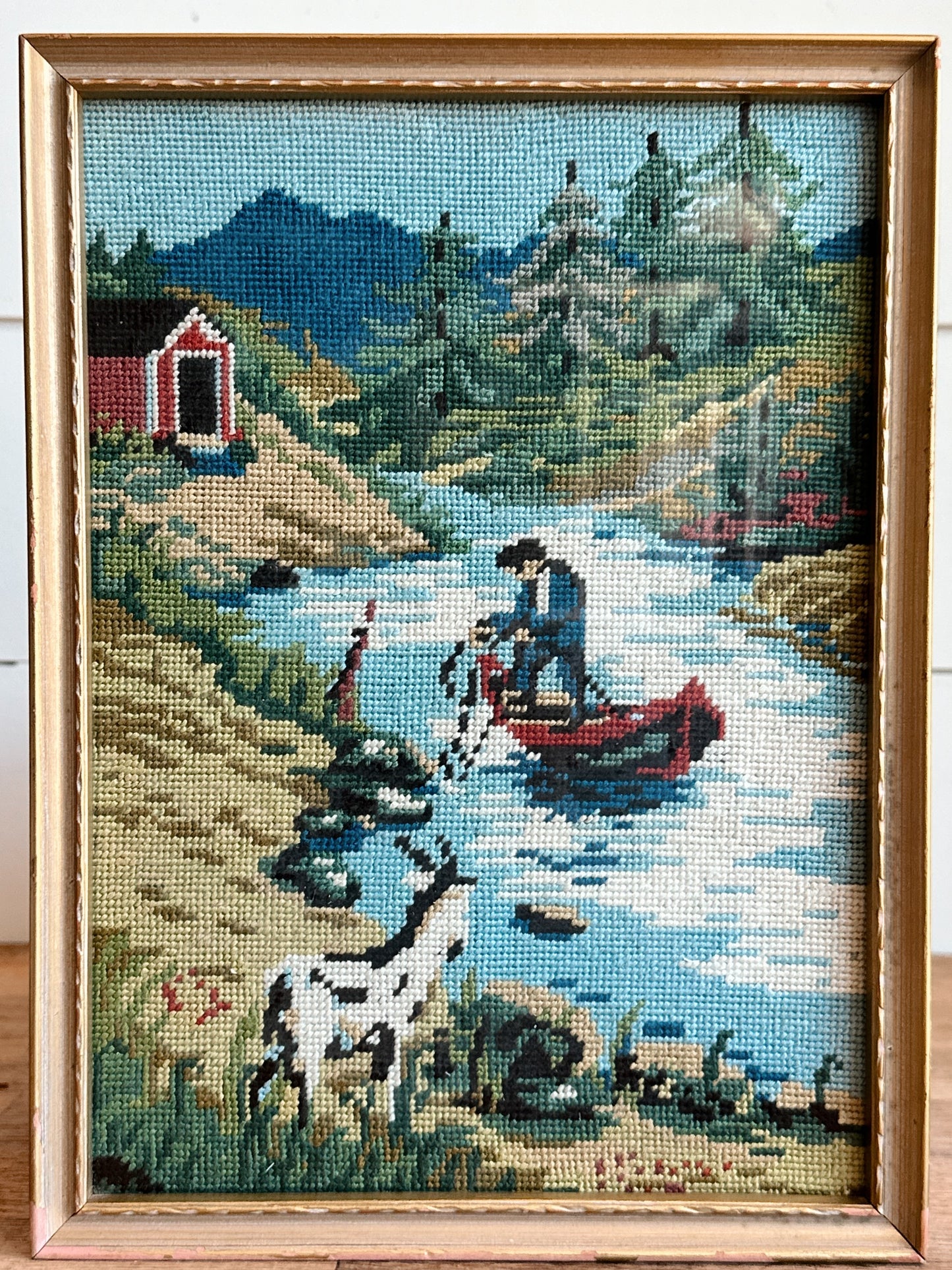 Vintage Framed Needlework, River Scene