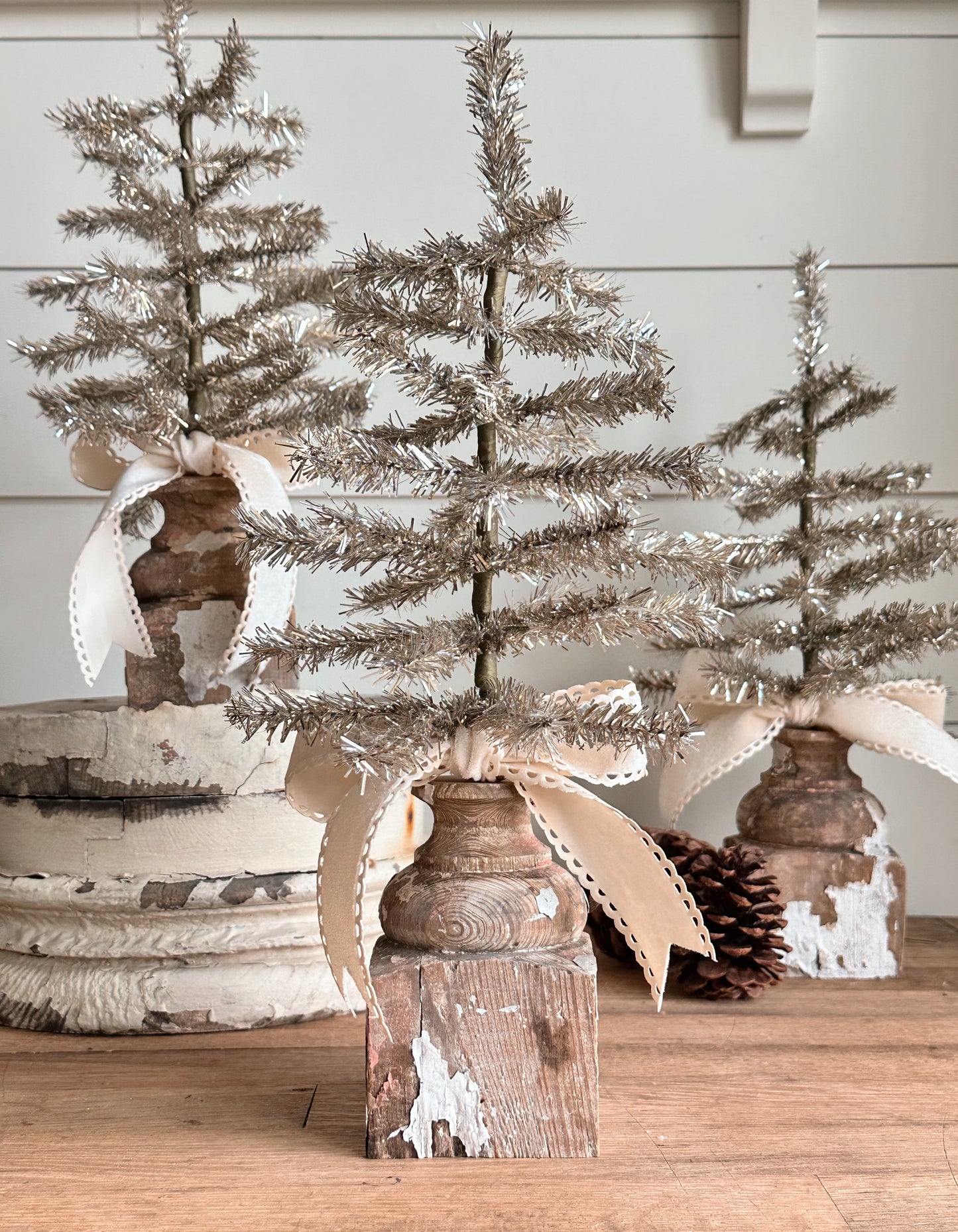 Salvaged Wood Base Tinsel Tree