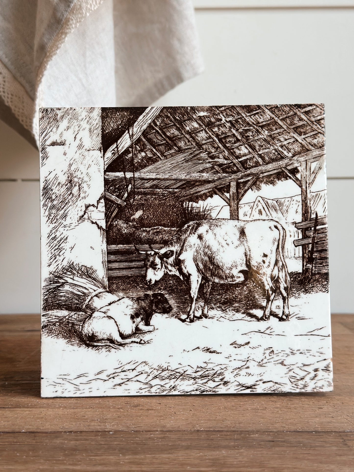 Antique MINTON William Wise Farm Animal Tile (cows in the barn)