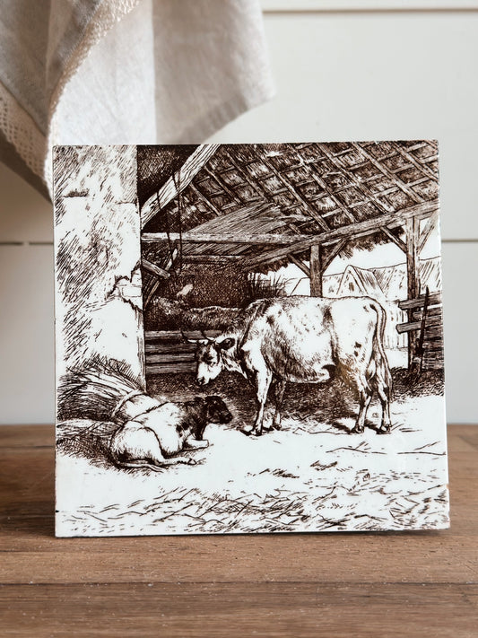 Antique MINTON William Wise Farm Animal Tile (cows in the barn)