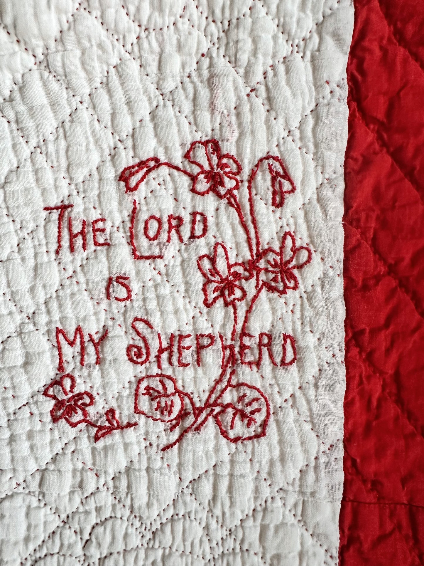 Antique Early 20th Century Redwork Embroidered Hand-Quilted Quilt
