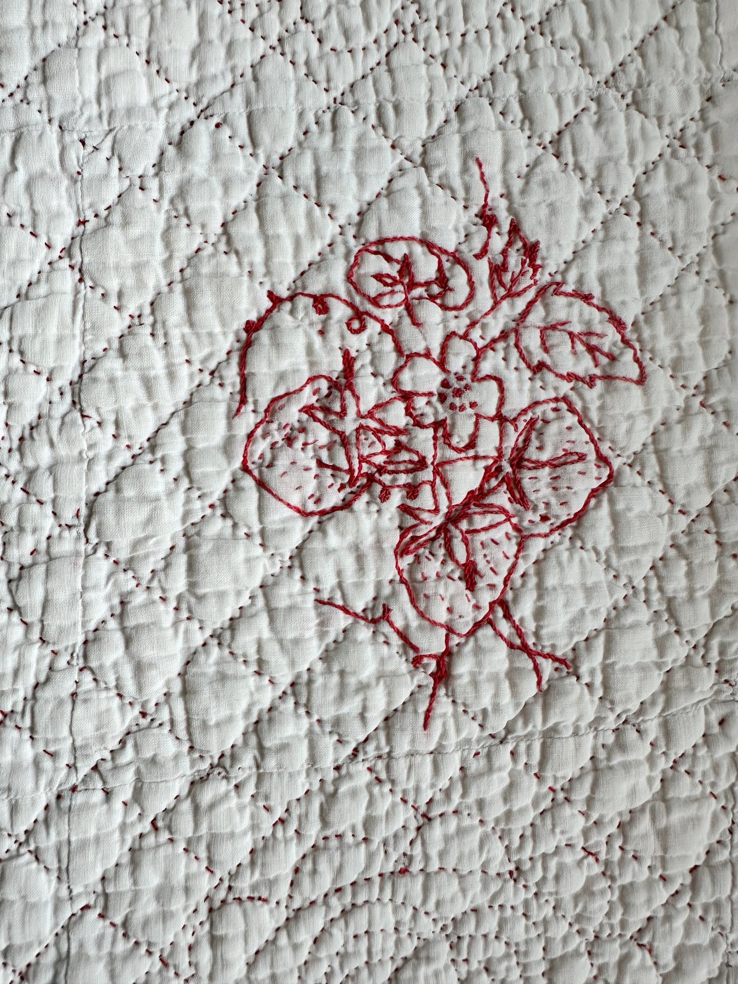 Antique Early 20th Century Redwork Embroidered Hand-Quilted Quilt
