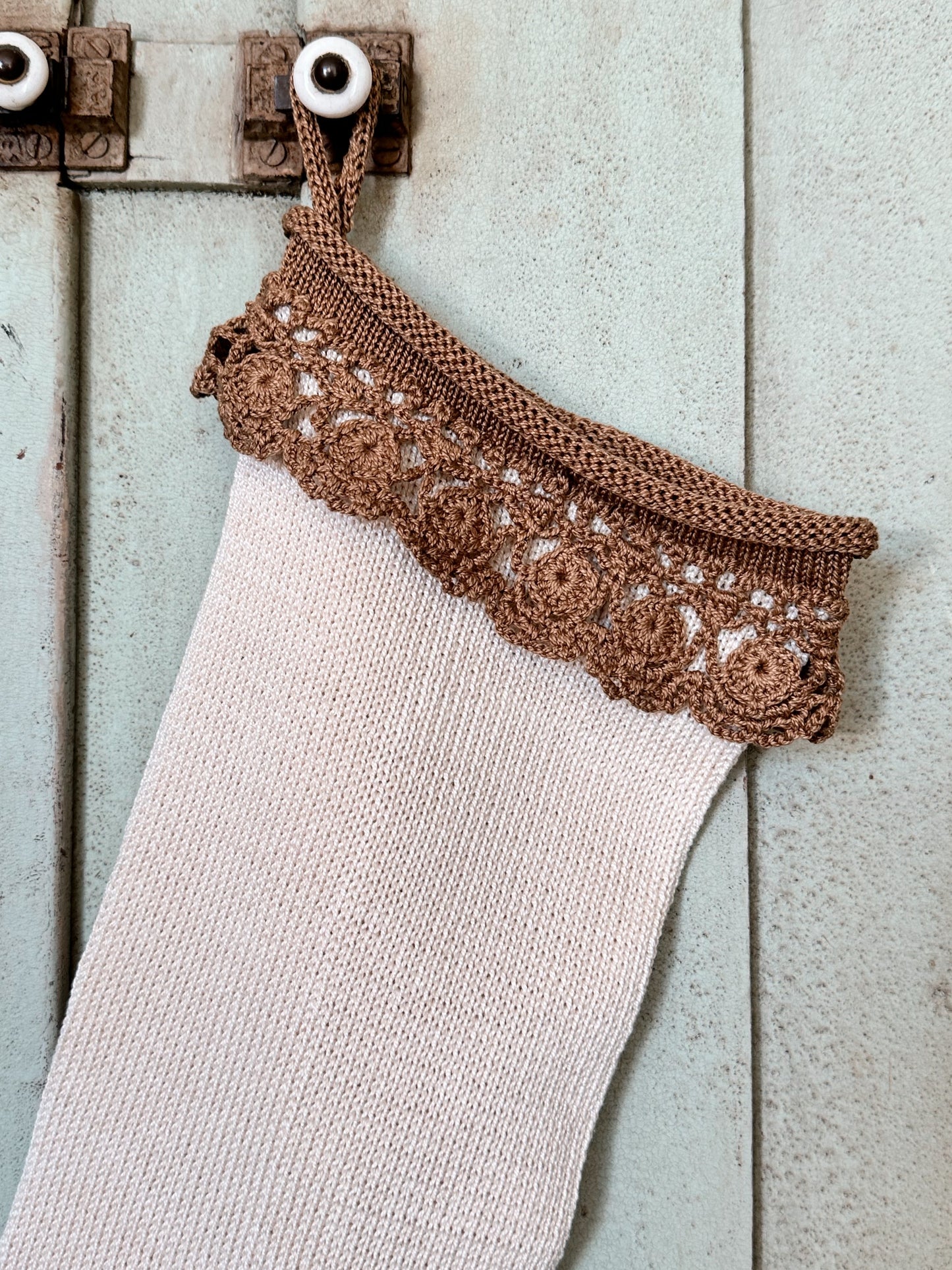 Handmade Crochet Trimmed Stocking (Cocoa)