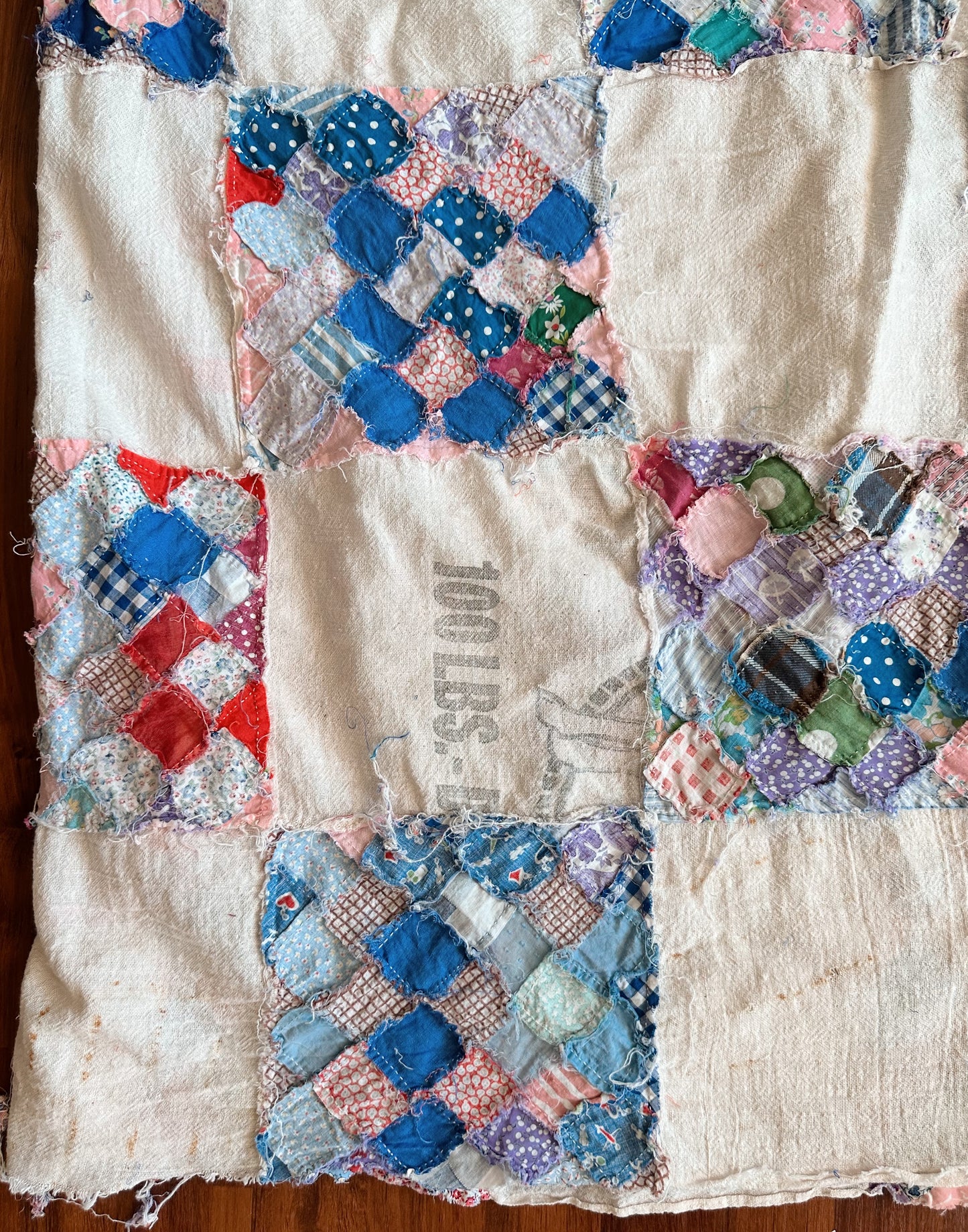 Depression Era Patchwork Scrap Utility Quilt Top With Repurposed Industrial Sack Borders