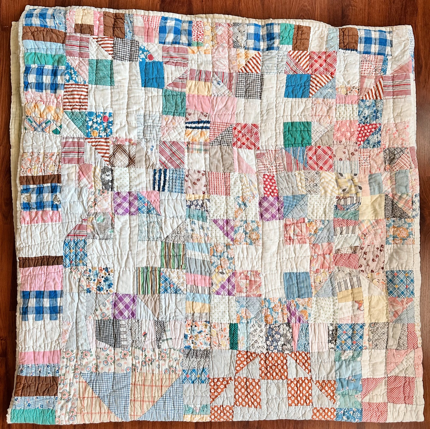 1930s Hand-Quilted Sampler Patchwork Feed Sack Quilt