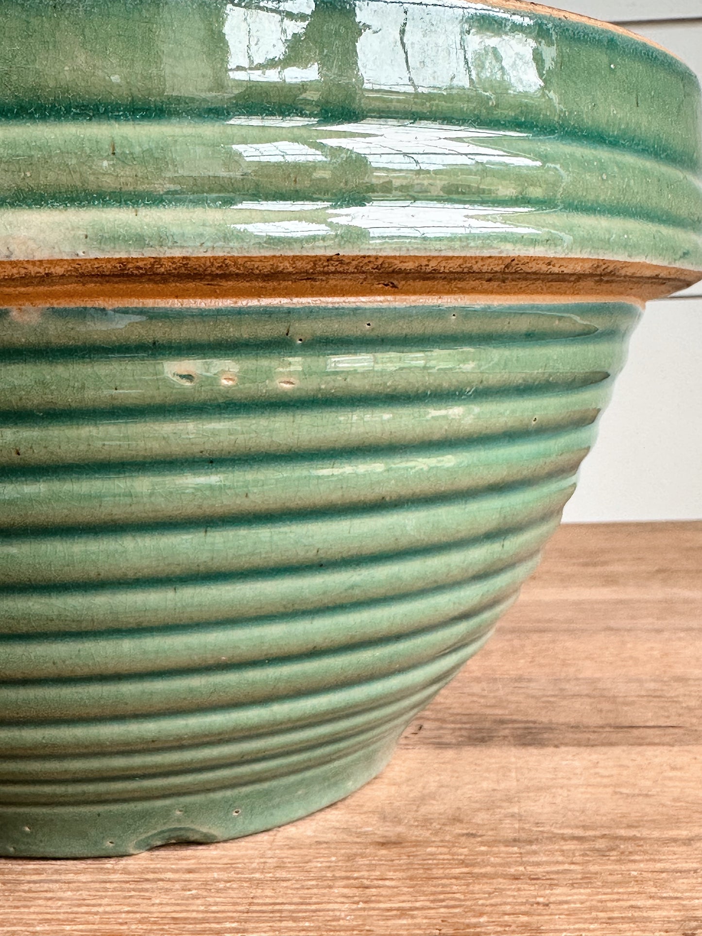 Big Beautiful Vintage Green Ribbed Stoneware Bowl