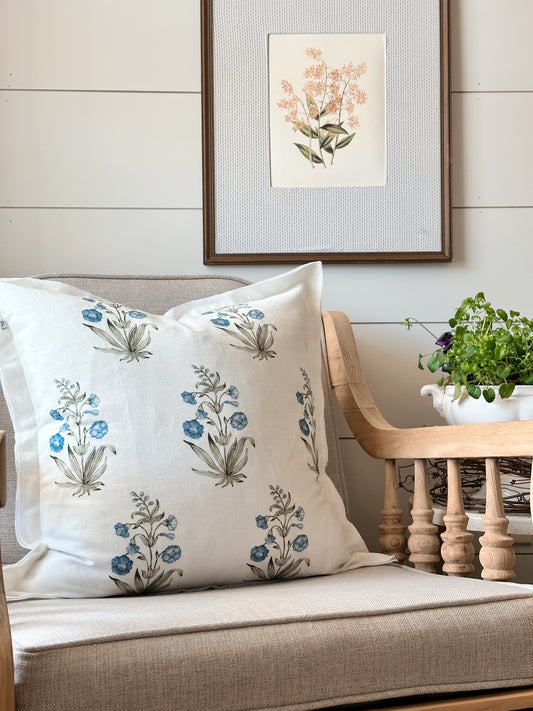 Lucy Block Print Floral Pillow Cover in Blue