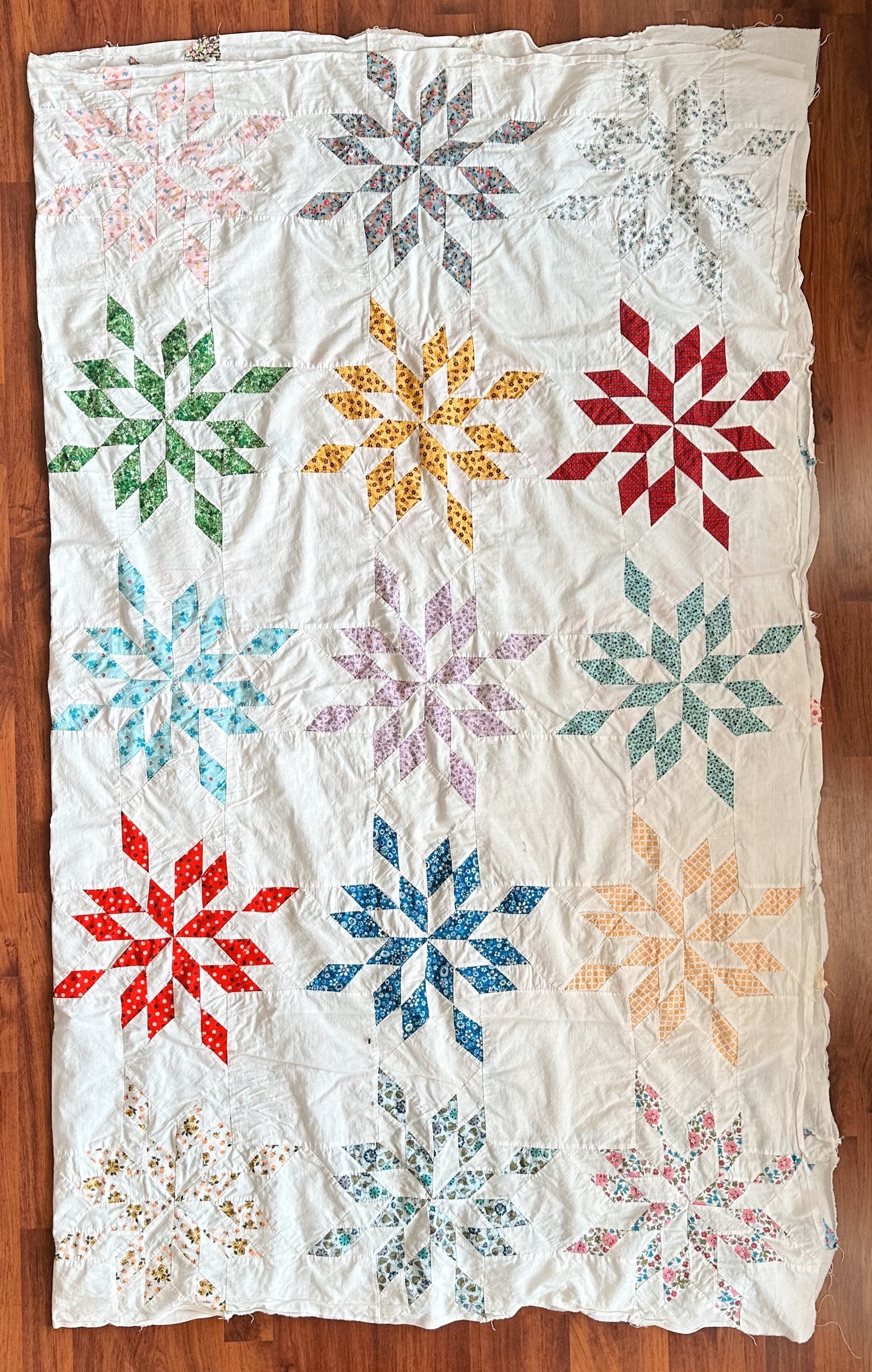 Vintage 1940s Hand-Pieced Star Quilt Top