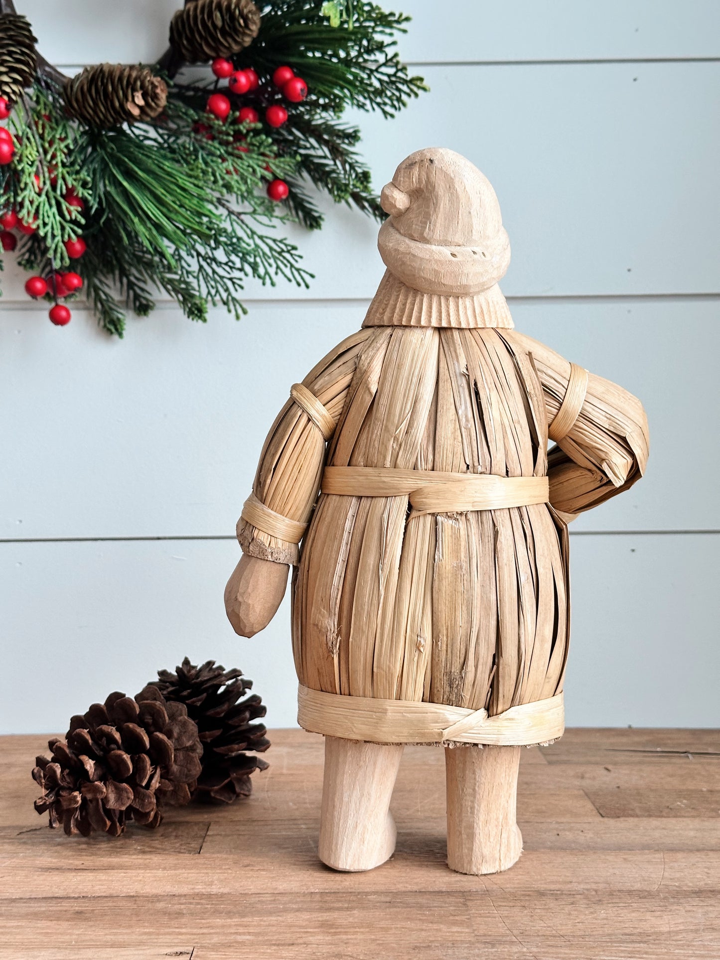 Vintage Straw & Wood Santa