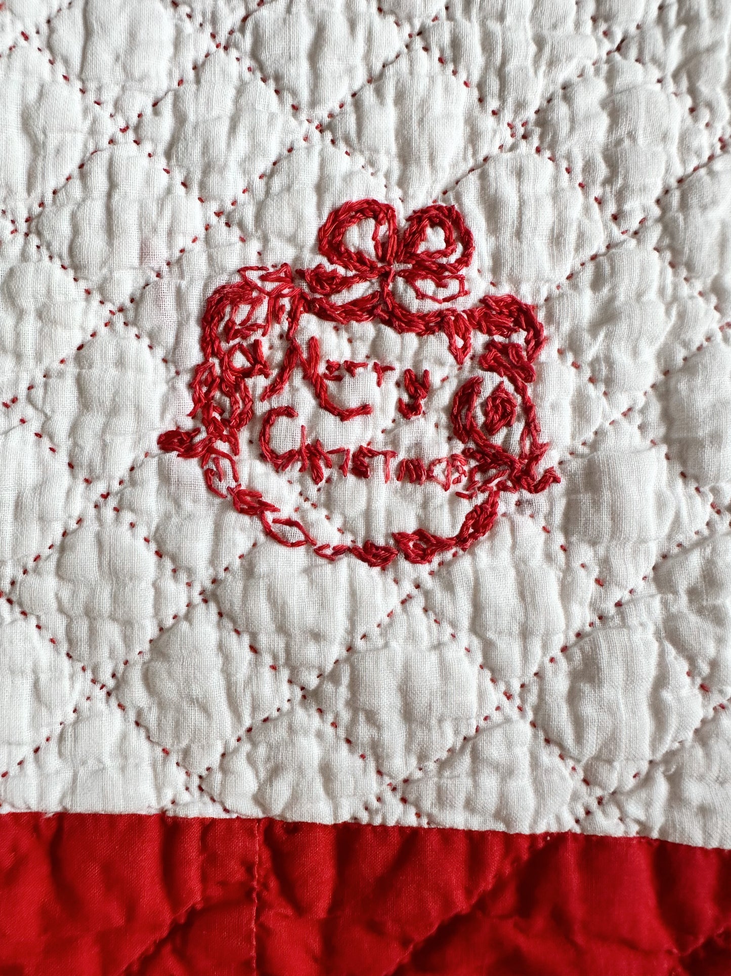 Antique Early 20th Century Redwork Embroidered Hand-Quilted Quilt