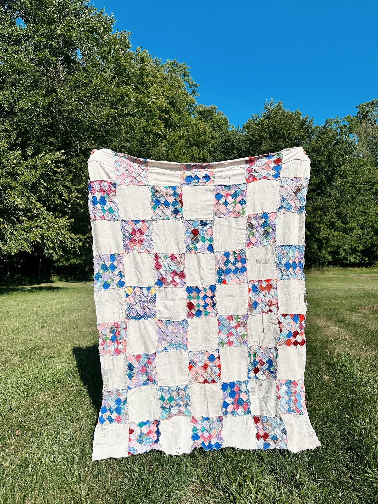Depression Era Patchwork Scrap Utility Quilt Top With Repurposed Industrial Sack Borders