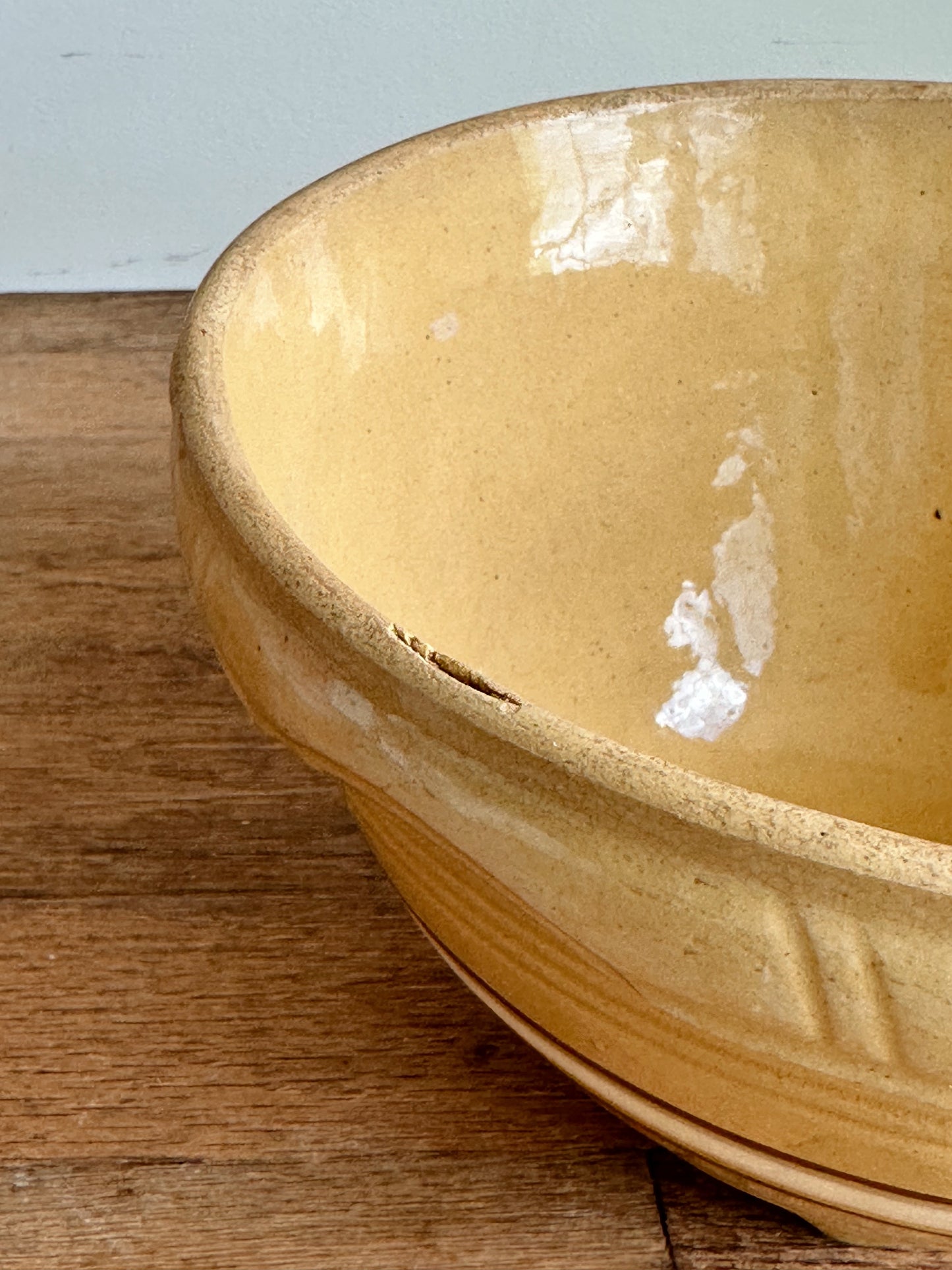 Vintage Golden Yellow Stoneware Bowl with White & Brown Stripes