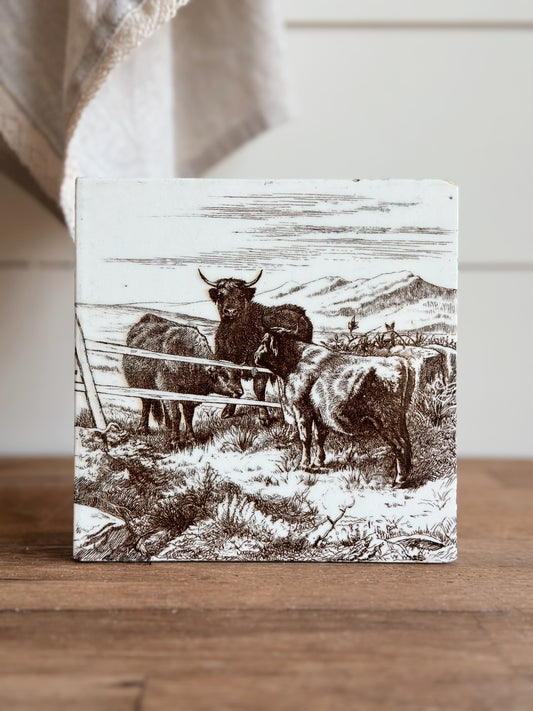 Antique MINTON William Wise Farm Animal Tile (bulls near fence)