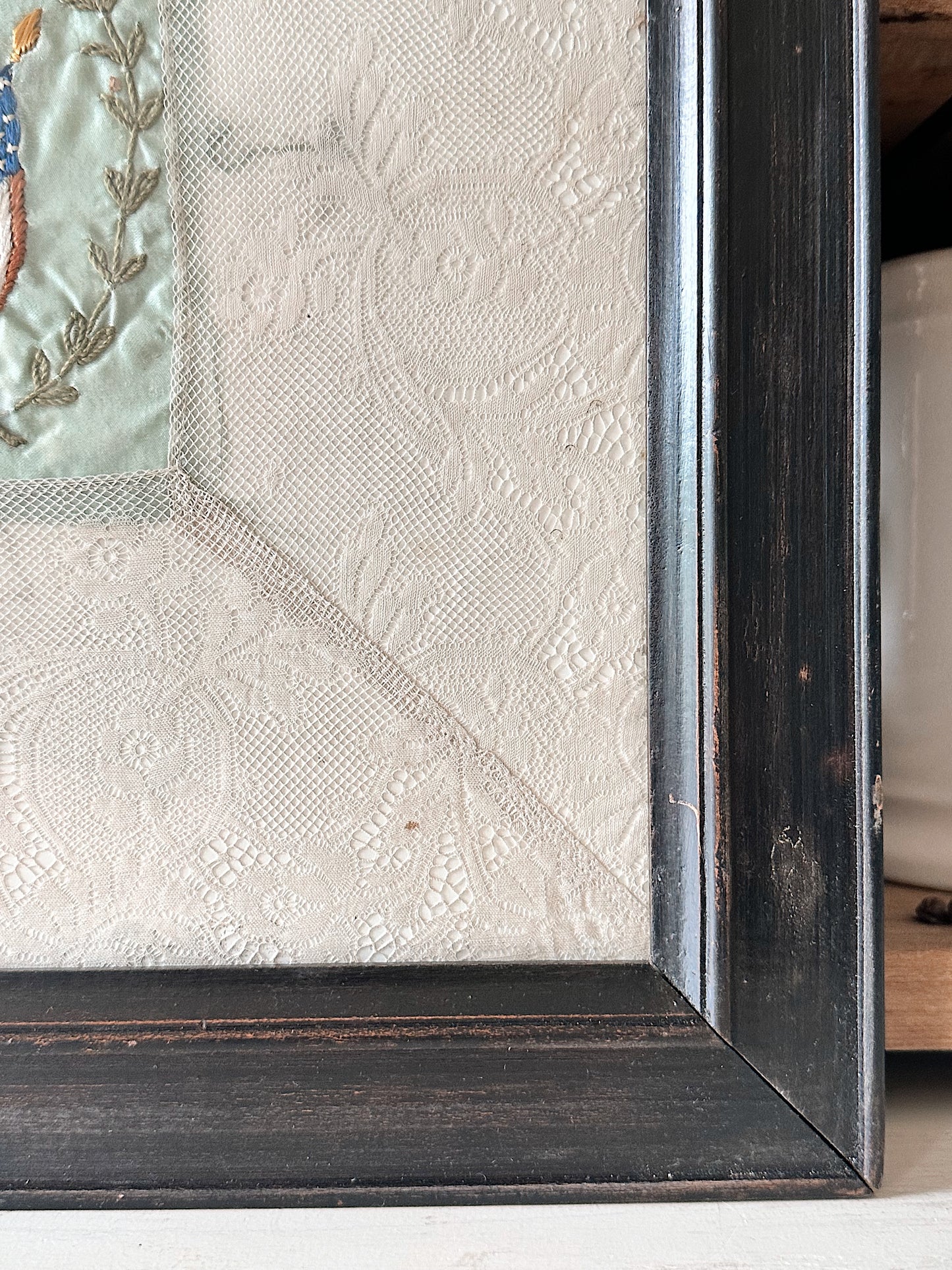 Framed WW1 Antique French Silk & Lace Embroidery Piece
