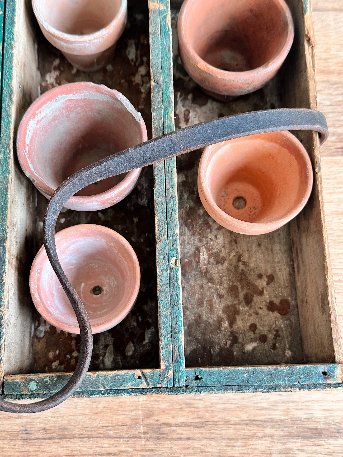 Vintage Handmade Wood Caddy & Pots