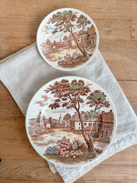 Pair of English Village Transferware Plates, Japan