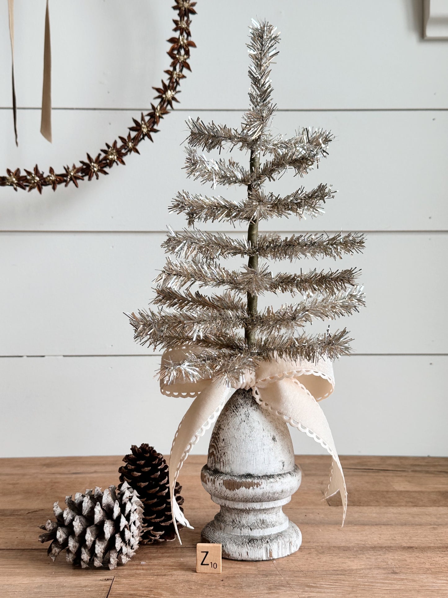 Vintage Wood Finial Tinsel Tree