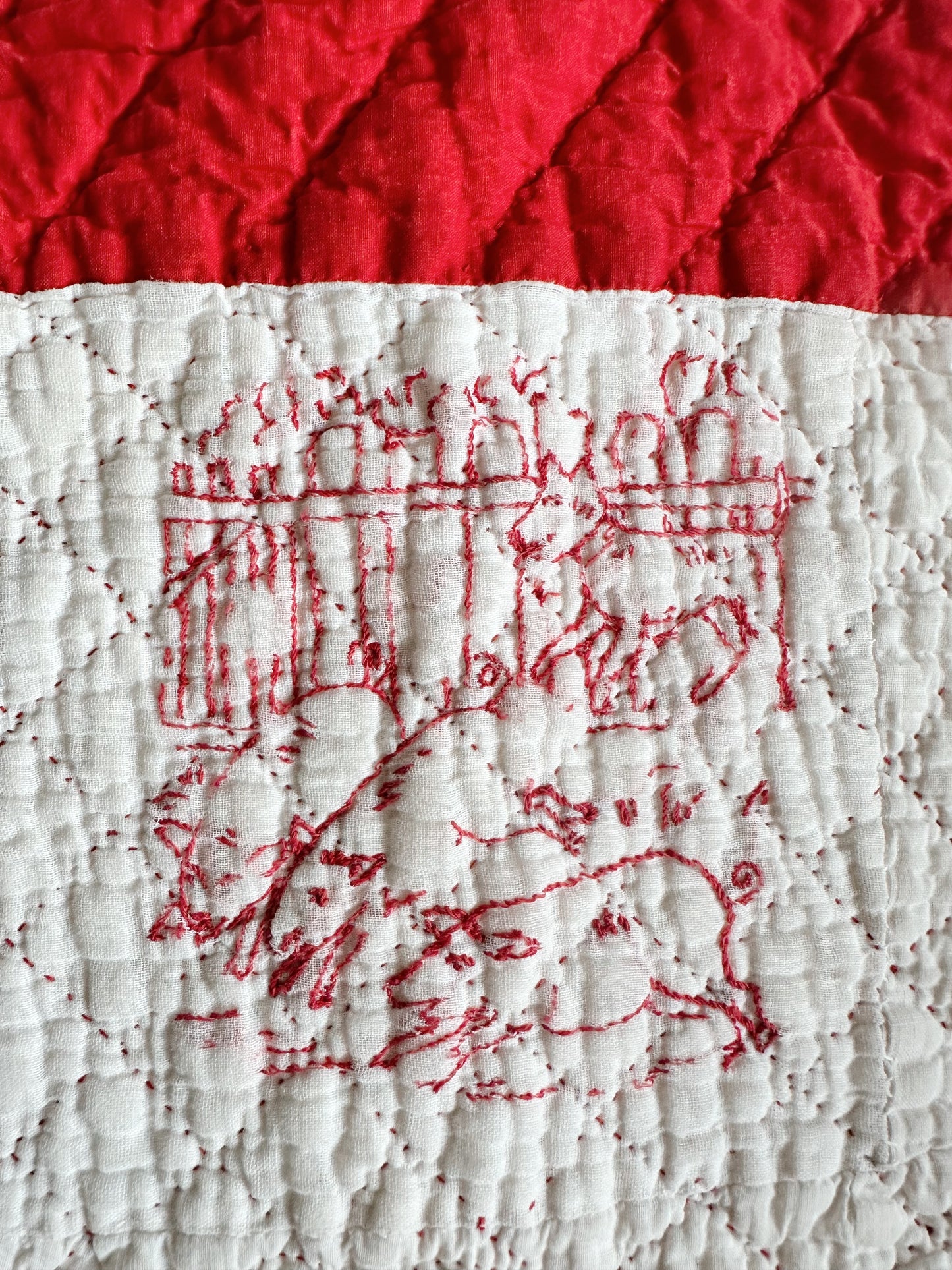 Antique Early 20th Century Redwork Embroidered Hand-Quilted Quilt