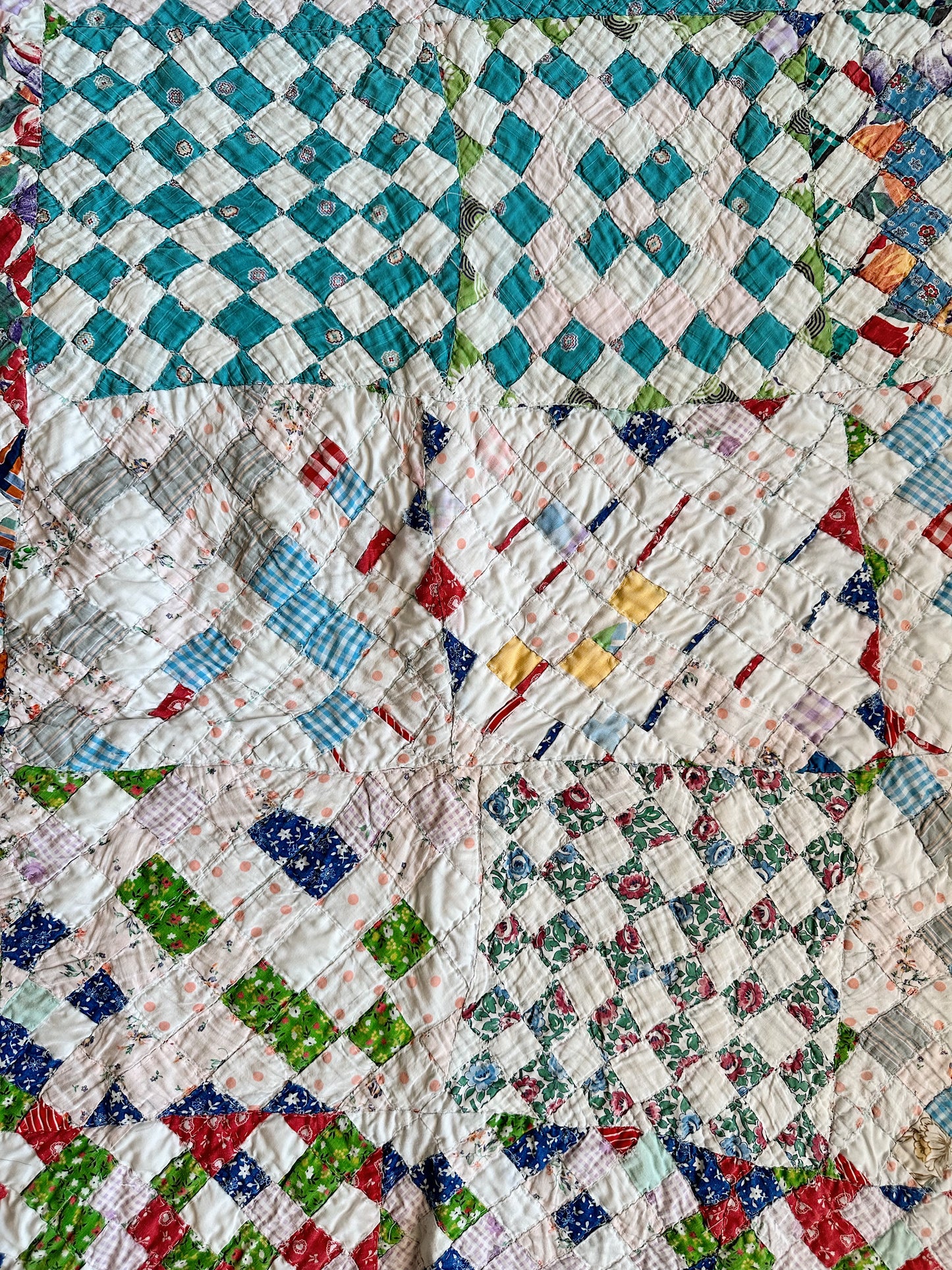Vintage Hand Stitched Postage Stamp Patchwork Crib Quilt
