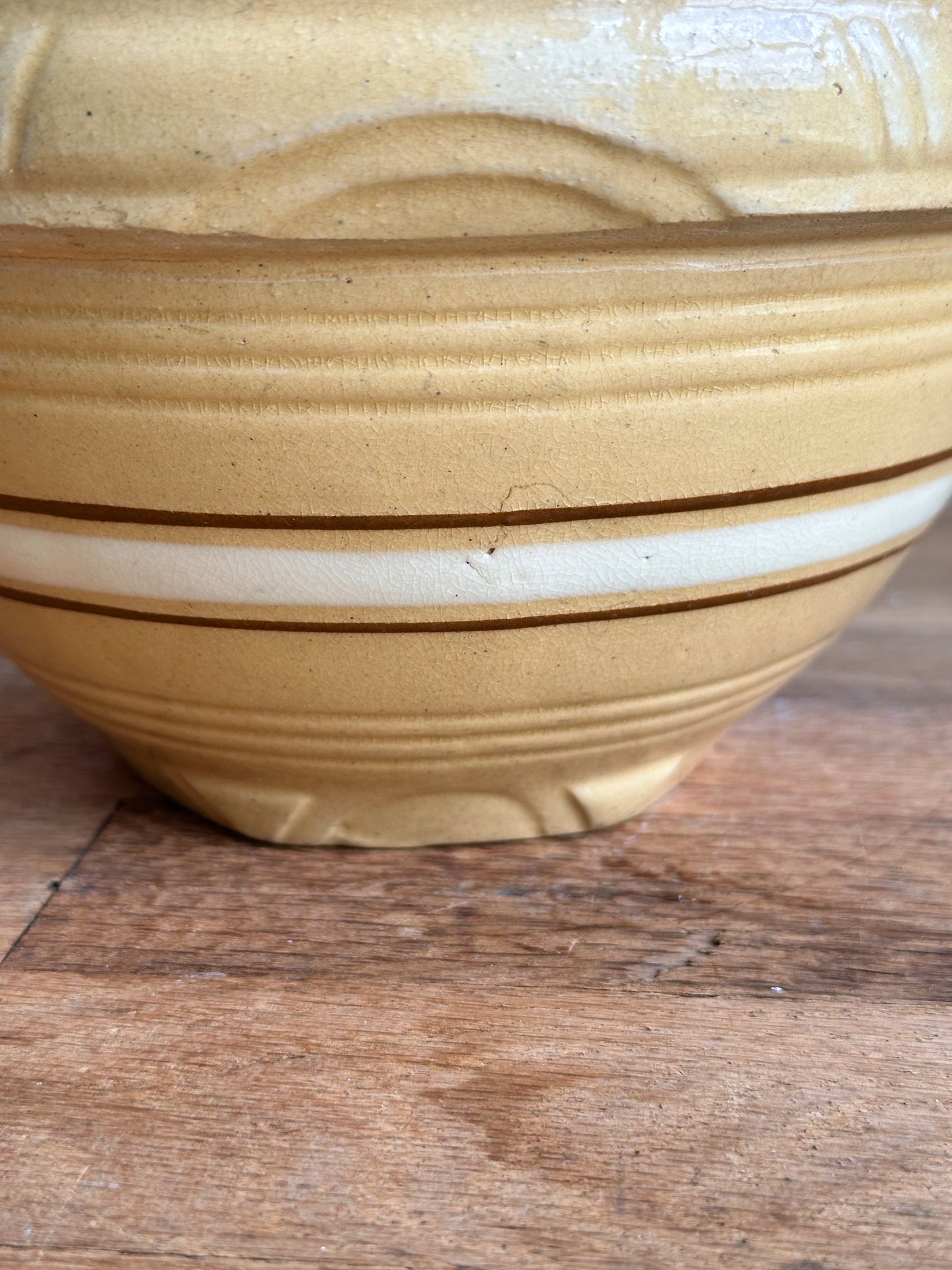Vintage Golden Yellow Stoneware Bowl with White & Brown Stripes