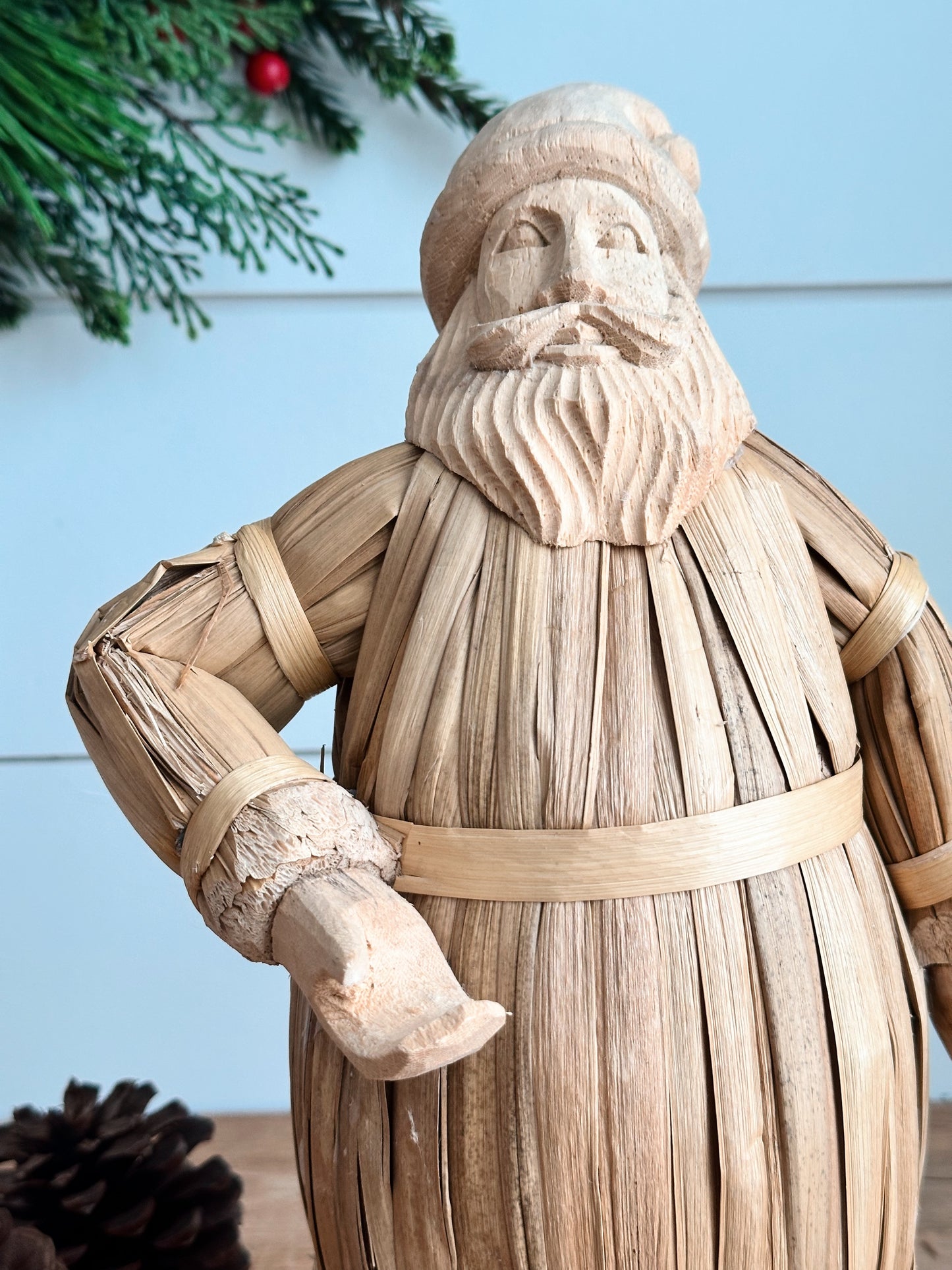 Vintage Straw & Wood Santa