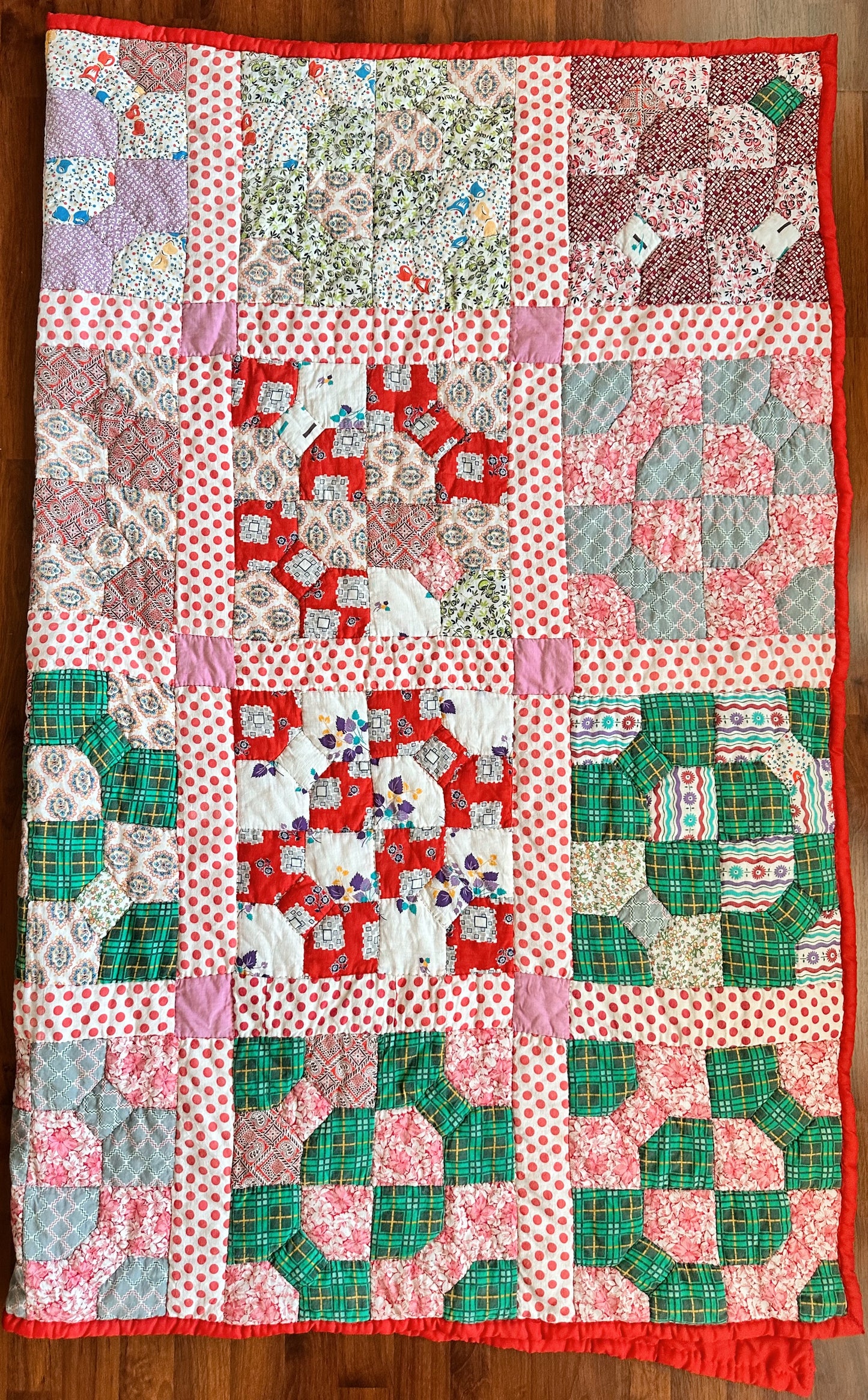 Hand Quilted Scrappy Cotton Quilt, Snowball & Bow Tie Variation