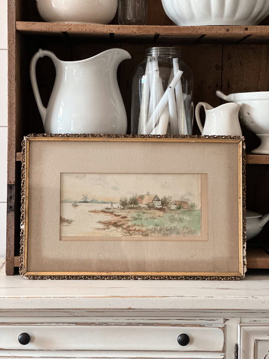 Vintage Framed Lakeside Watercolor
