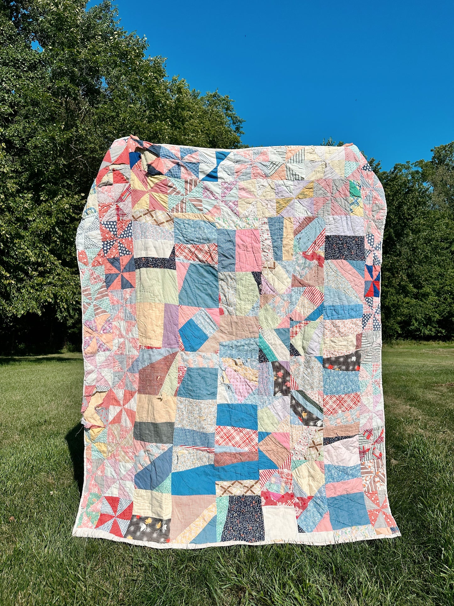 Vintage Hand Stitched Cotton Star & Crazy Scrap Quilt
