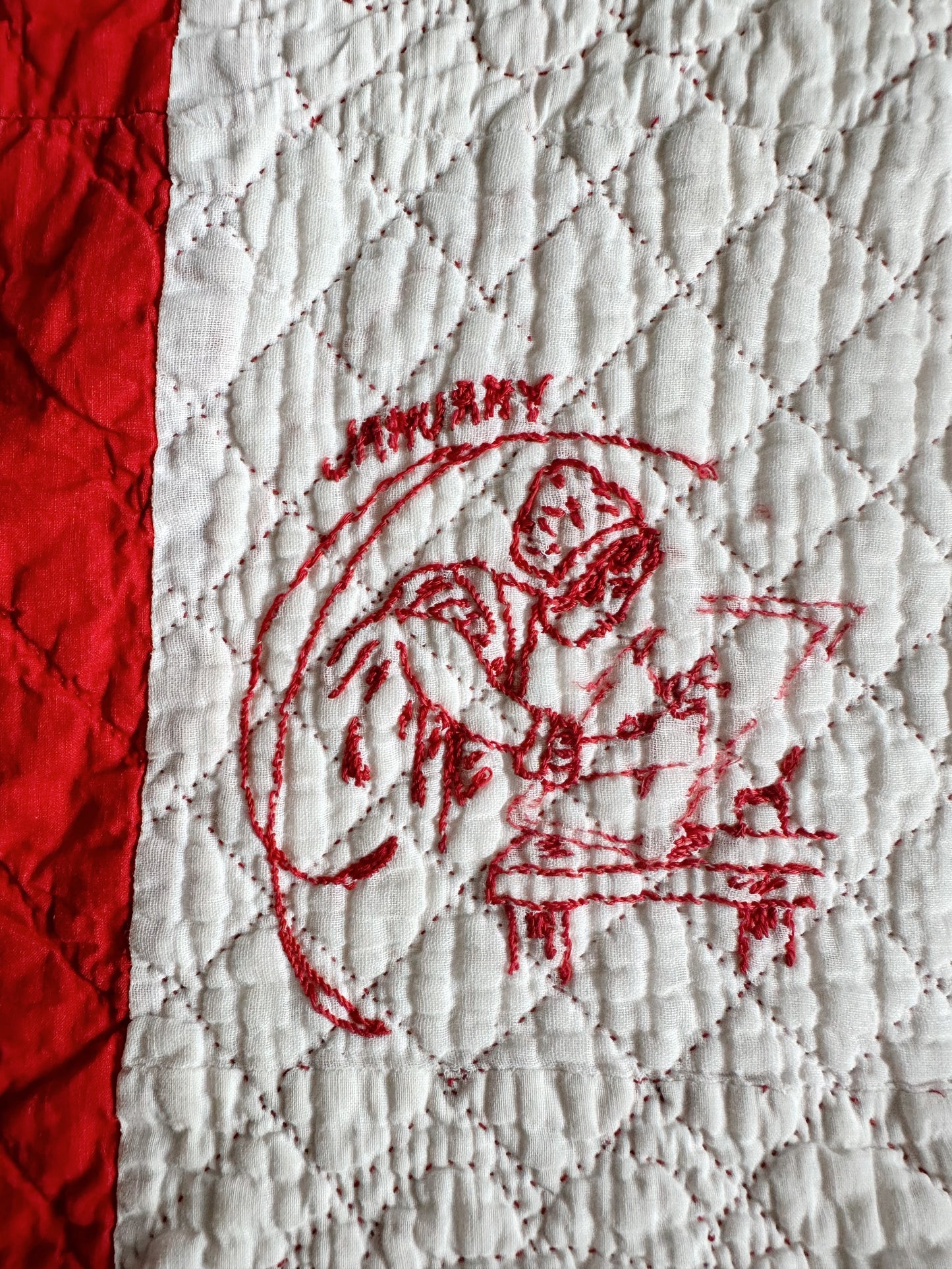 Antique Early 20th Century Redwork Embroidered Hand-Quilted Quilt