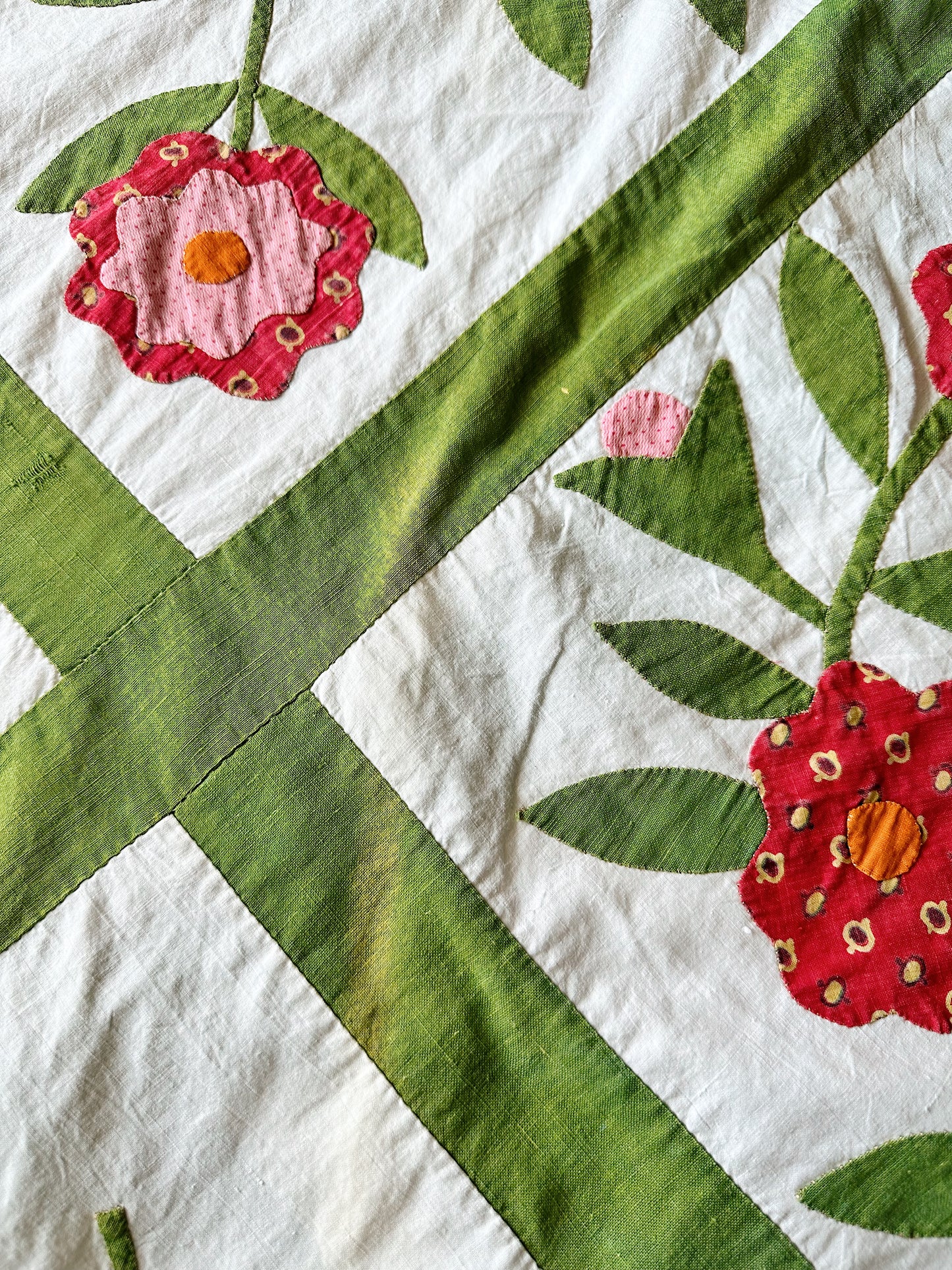 Vintage Hand Appliqué Flower Trellis Quilt Top