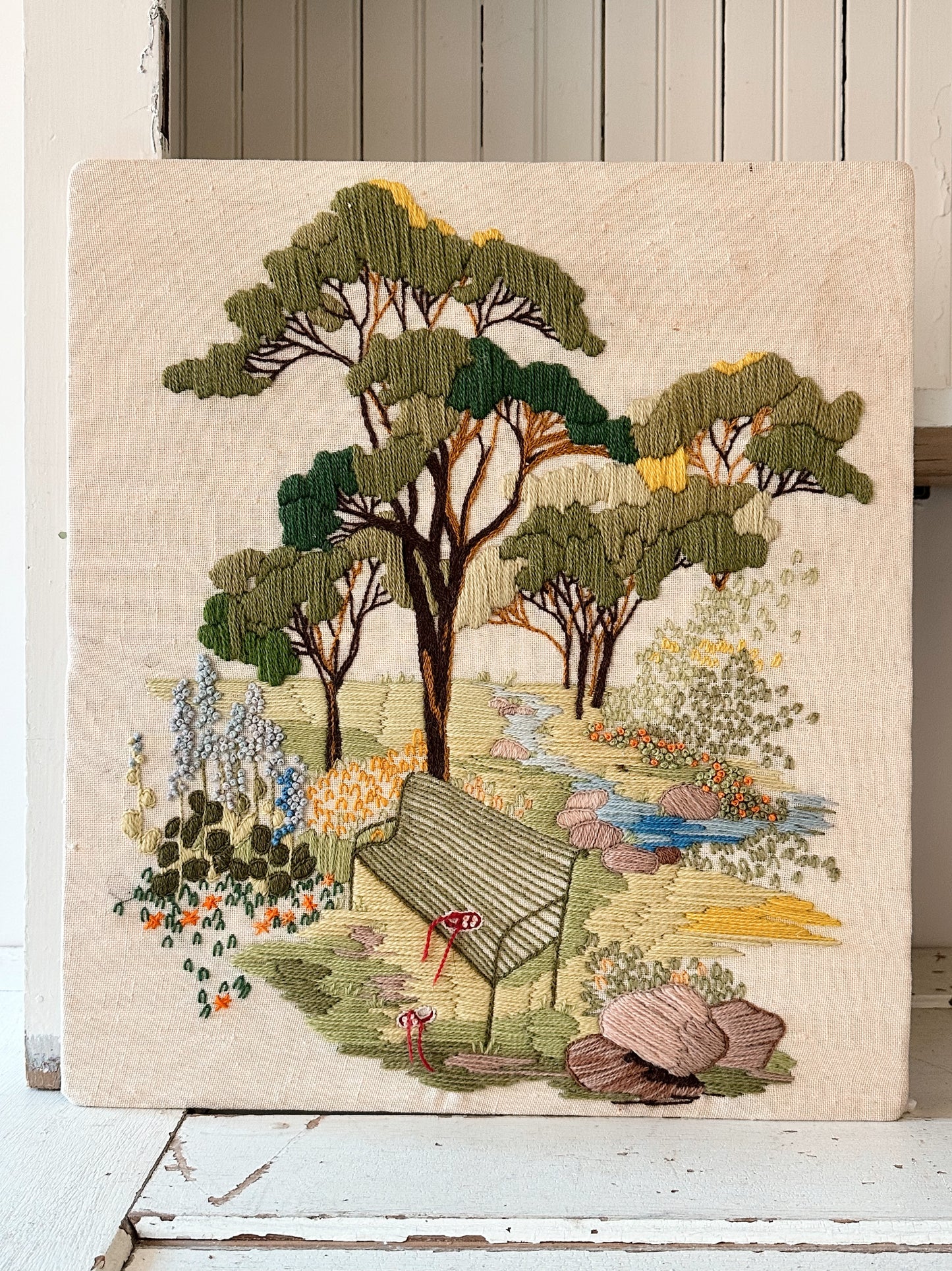 Vintage Park Scene Crewel Work
