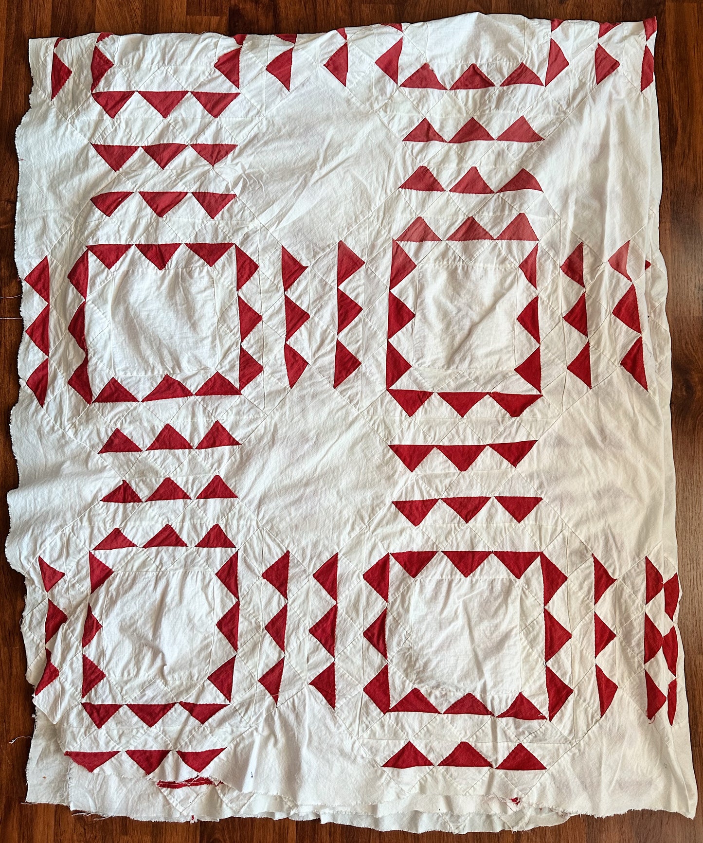 Antique Hand Pieced Turkey Red & White Sawtooth Quilt Top