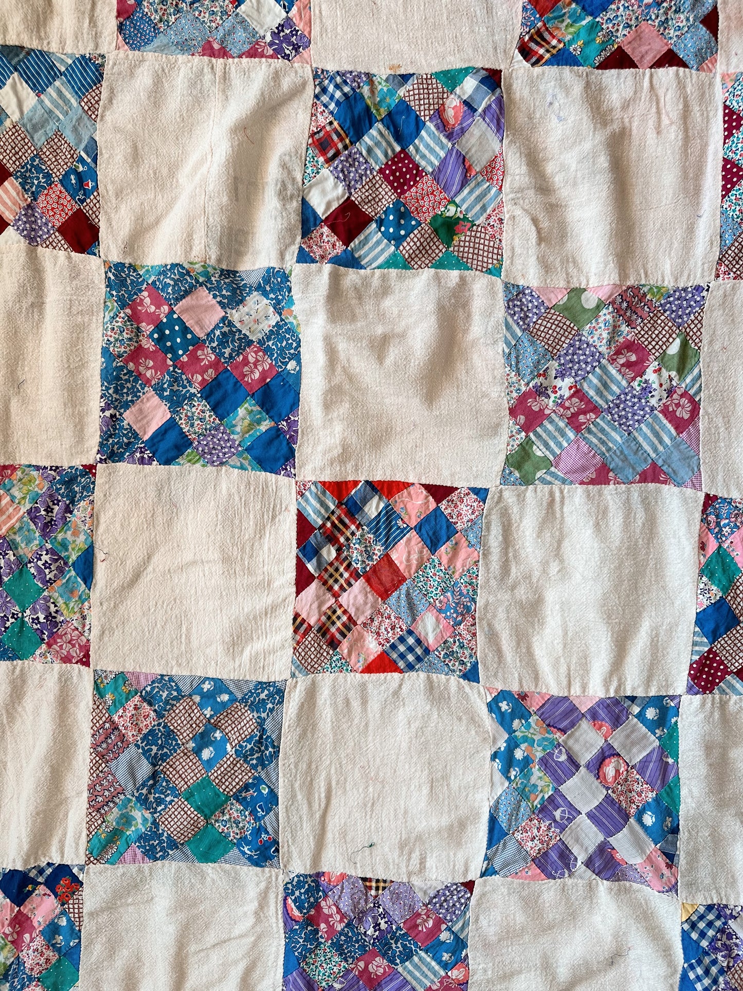 Depression Era Patchwork Scrap Utility Quilt Top With Repurposed Industrial Sack Borders