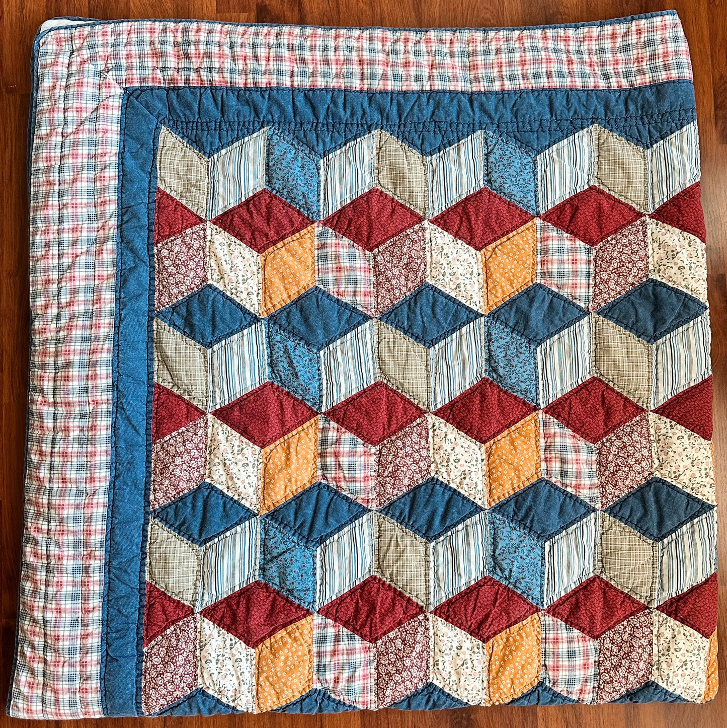 Vintage Hand Quilted Tumbling Blocks Quilt