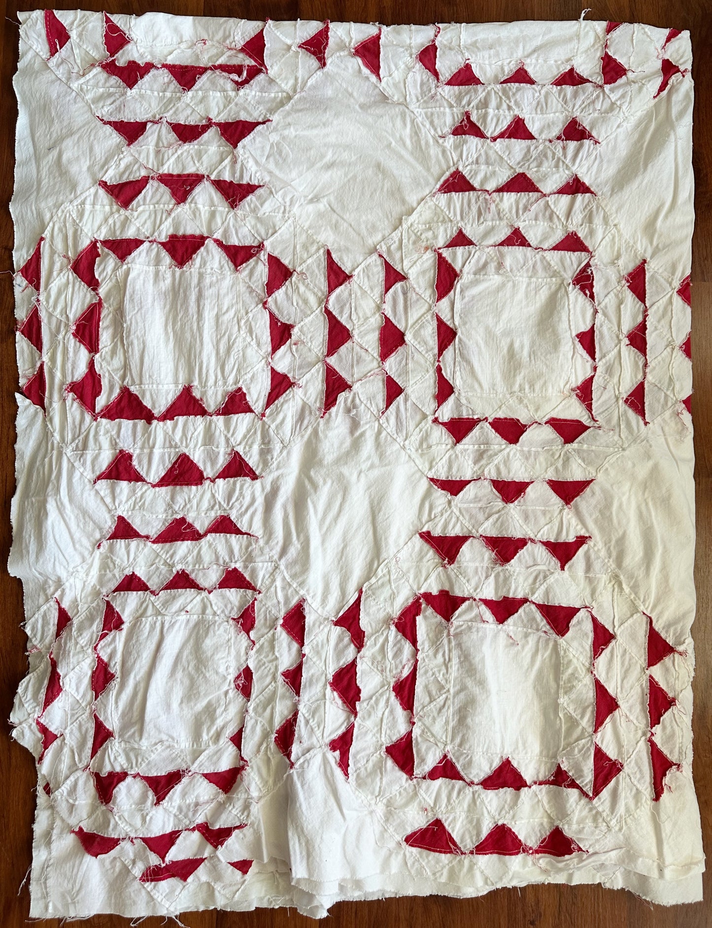 Antique Hand Pieced Turkey Red & White Sawtooth Quilt Top
