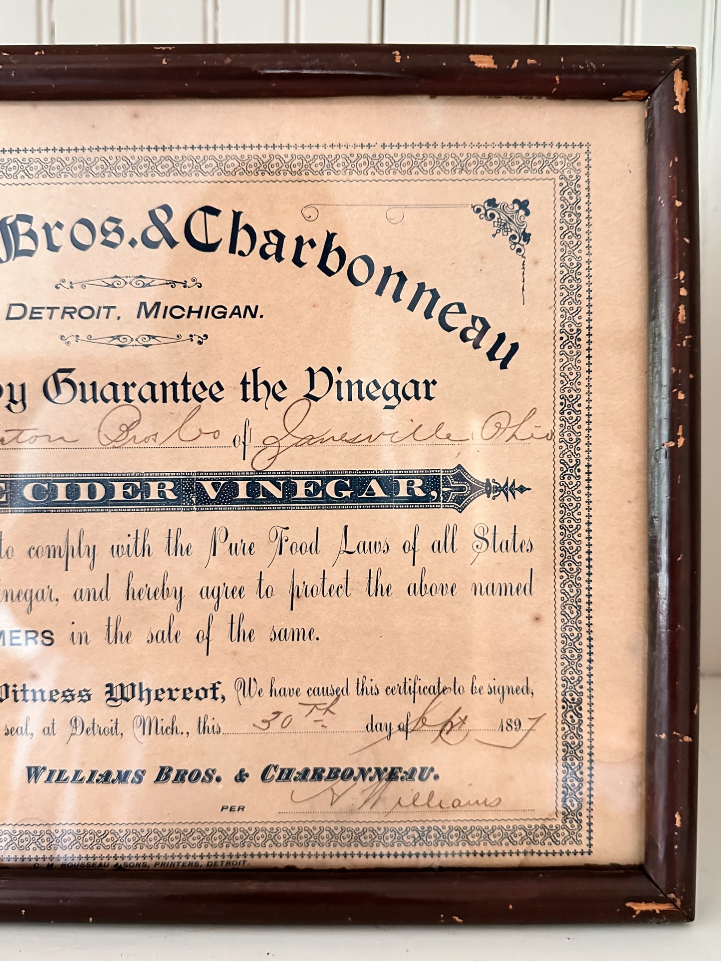 1897 Antique Framed Pure Cider Vinegar Certificate