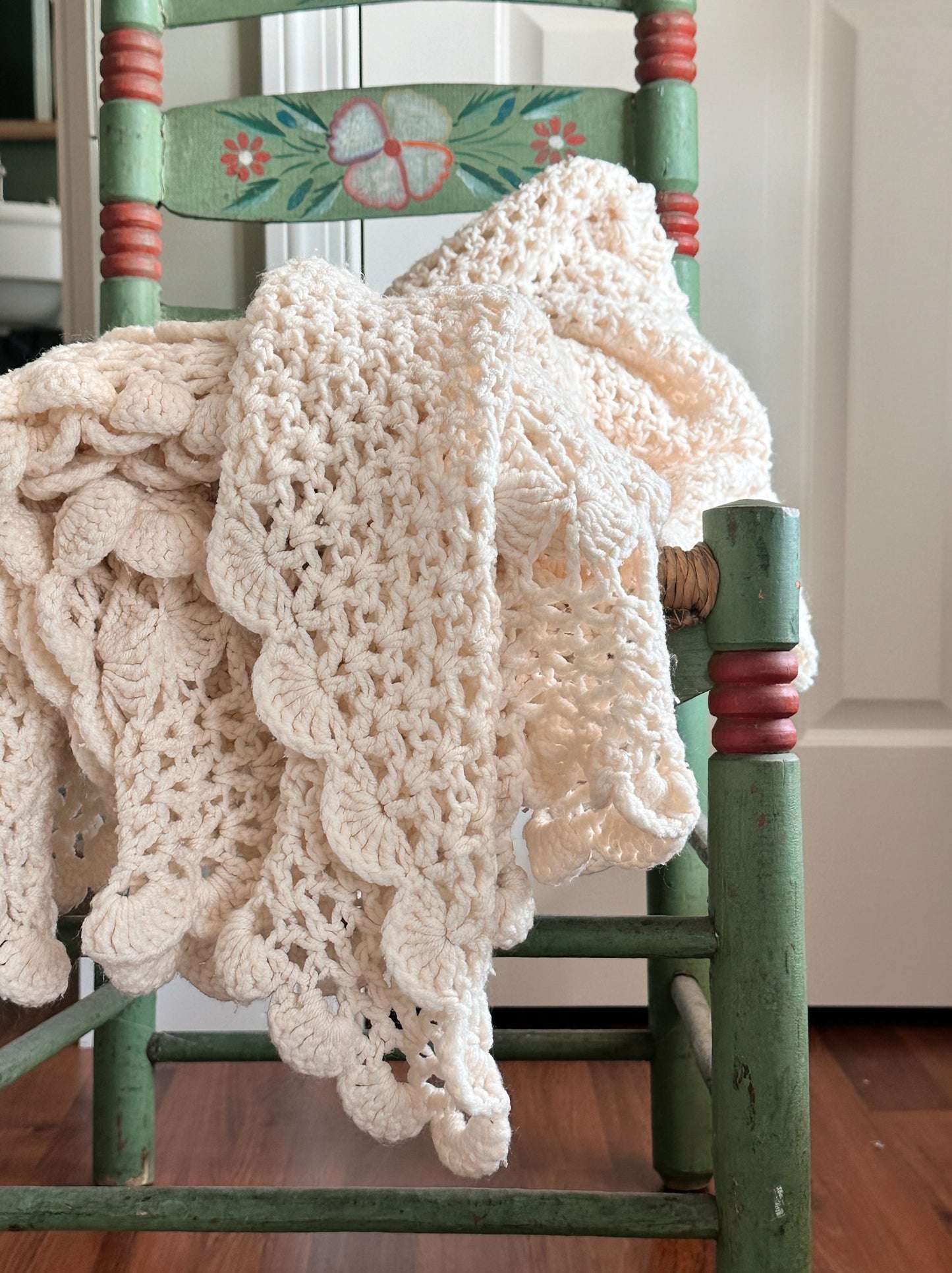 Vintage Hand-Crocheted Cream Bedspread Afghan