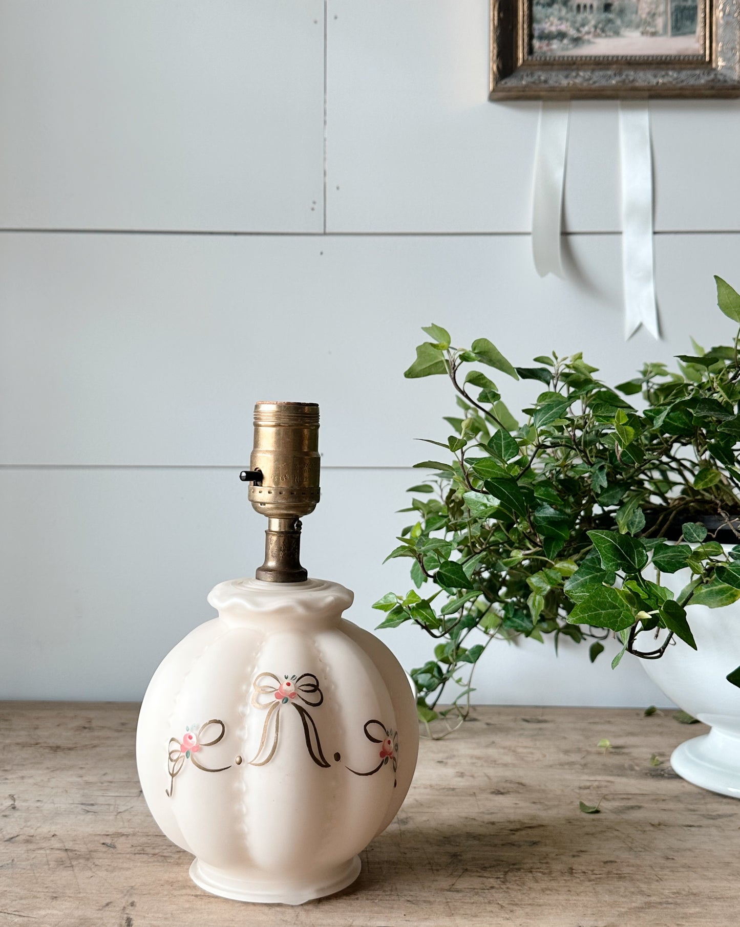 Vintage Glass Lamp with Hand Painted Bow Details