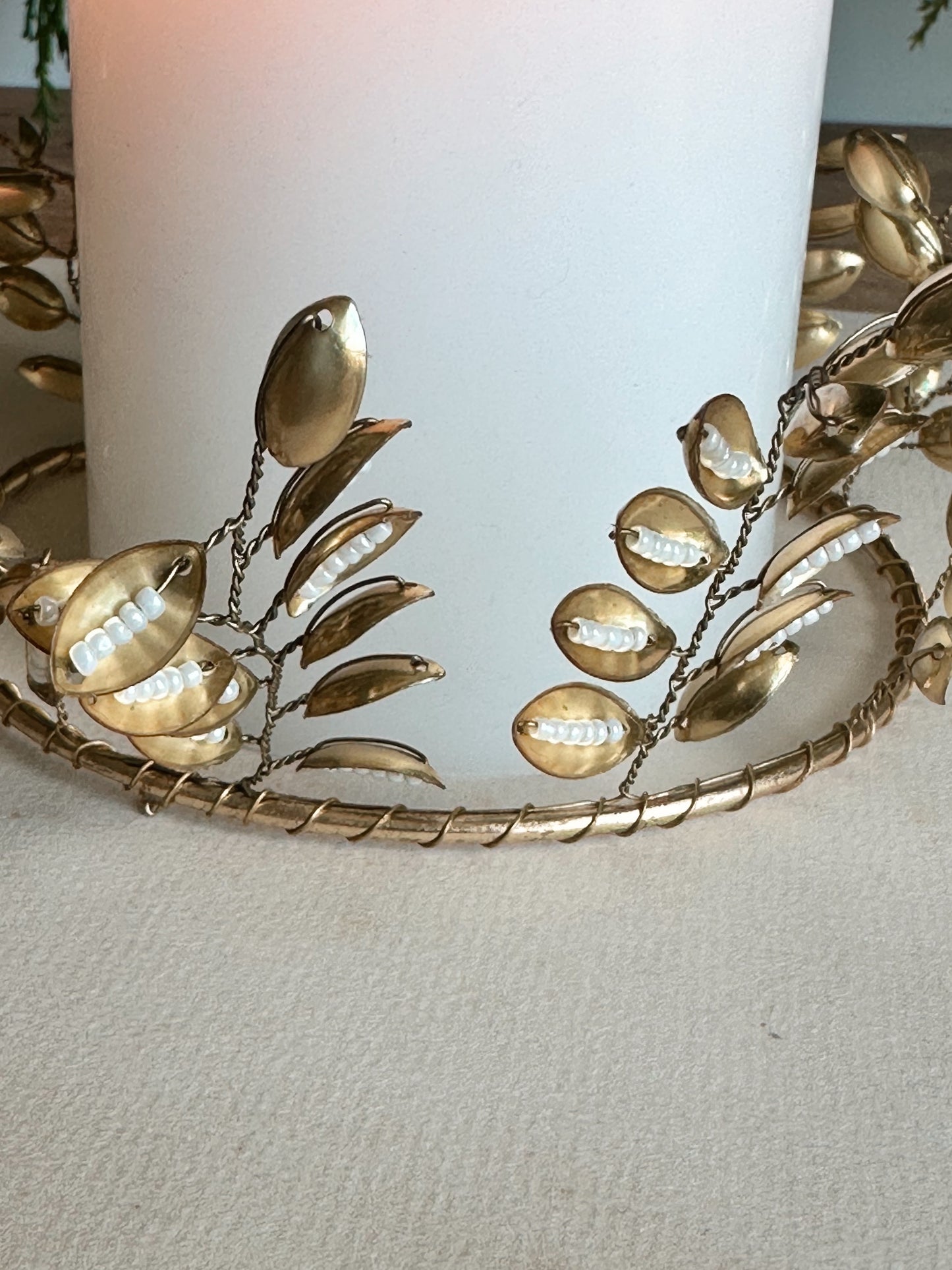 Gold Beaded Leaf Candle Rings